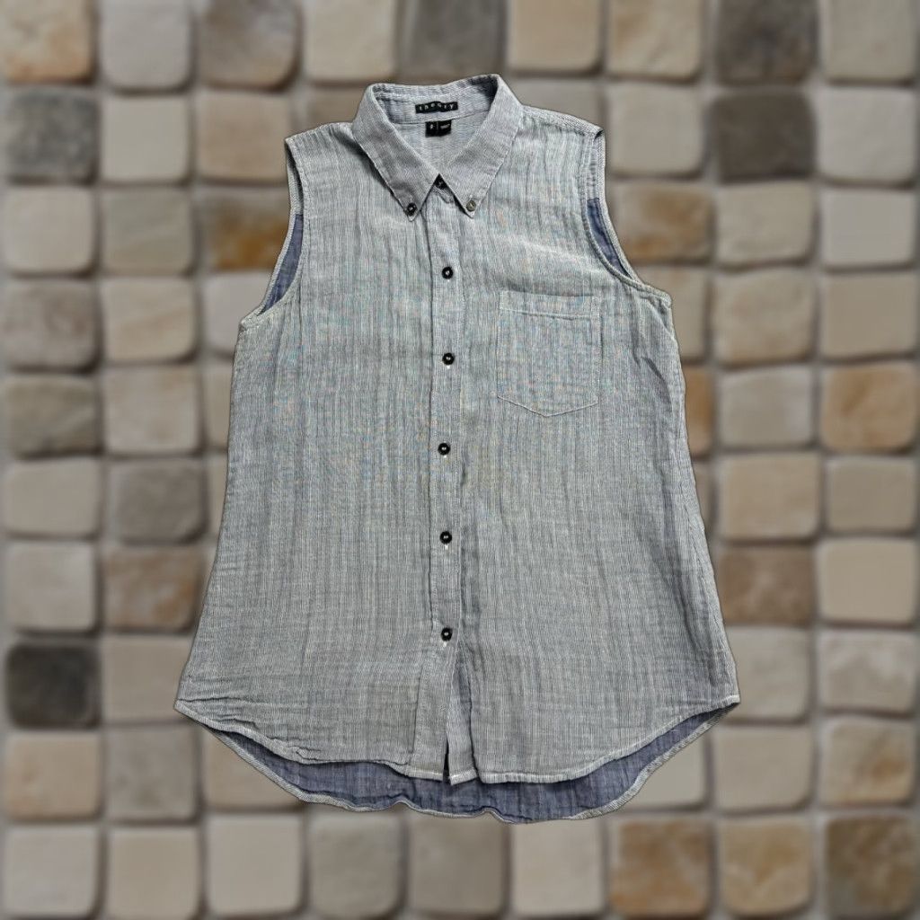 Theory Theory Shirt Womens Small Blue Striped Cotton Pleated Button Down Sleeveless Top Size S / US 4 / IT 40 - 1 Thumbnail