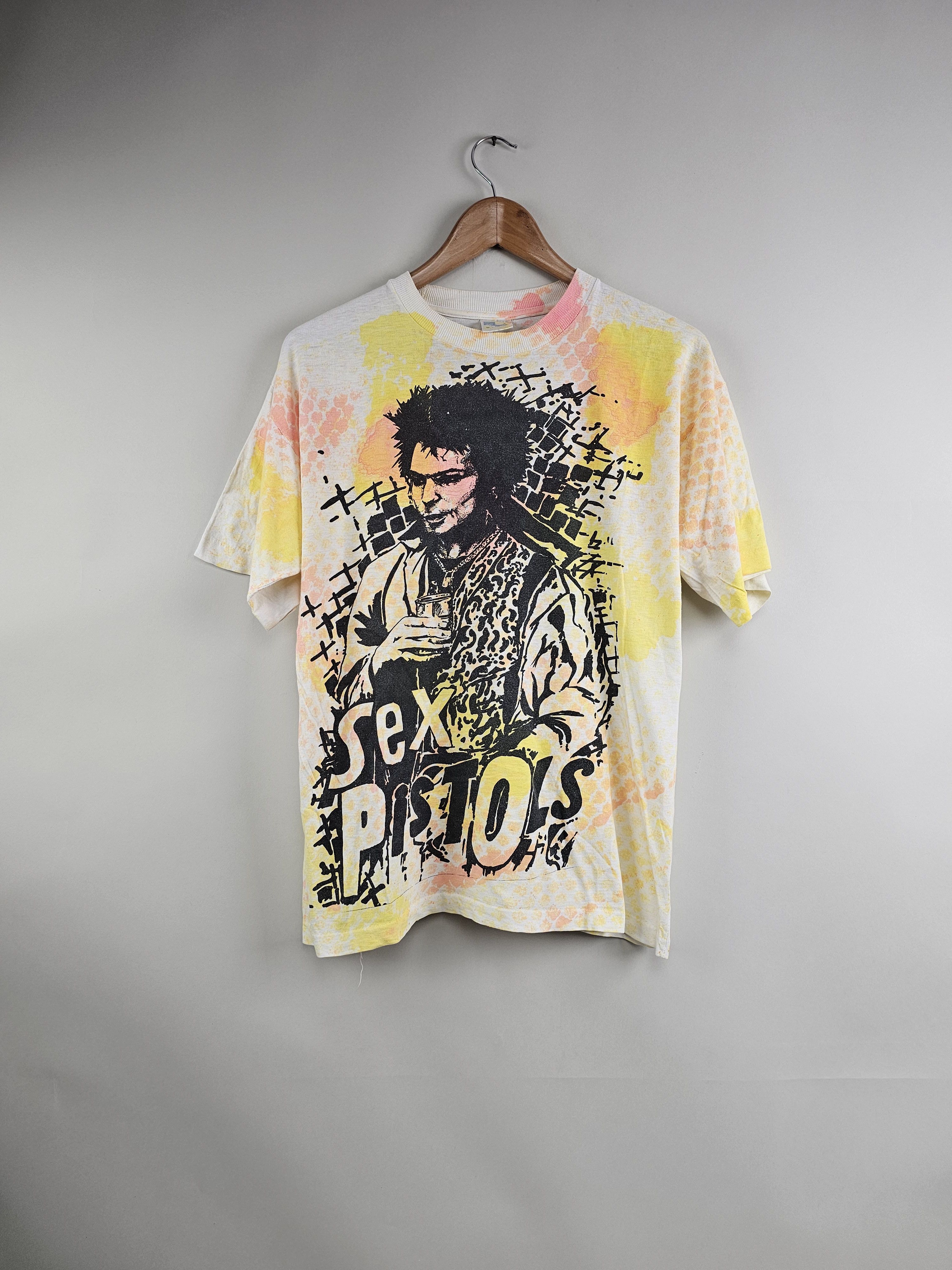 image of Band Tees x Rock Tees 80's Sex Pistols Sid Vicious Full Print Punk Rock L 21" 25.5 in White (Size L
