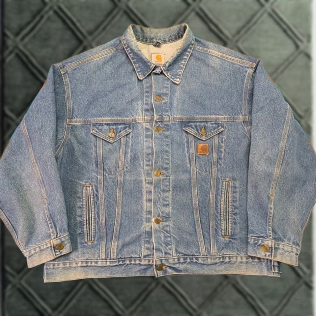 Carhartt VINTAGE Carhartt J12 Jacket USA Biker Denim Blue 2XL Mens Size US 39 - 1 Thumbnail