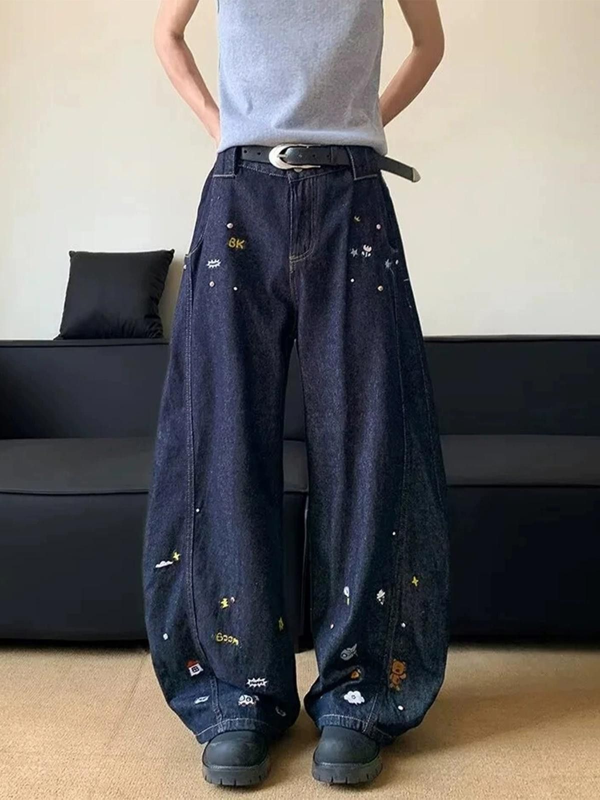 Japanese Brand Dark Paint Splatter Blue Wide Leg Denim Jeans Size US 32 / EU 48 - 1 Thumbnail