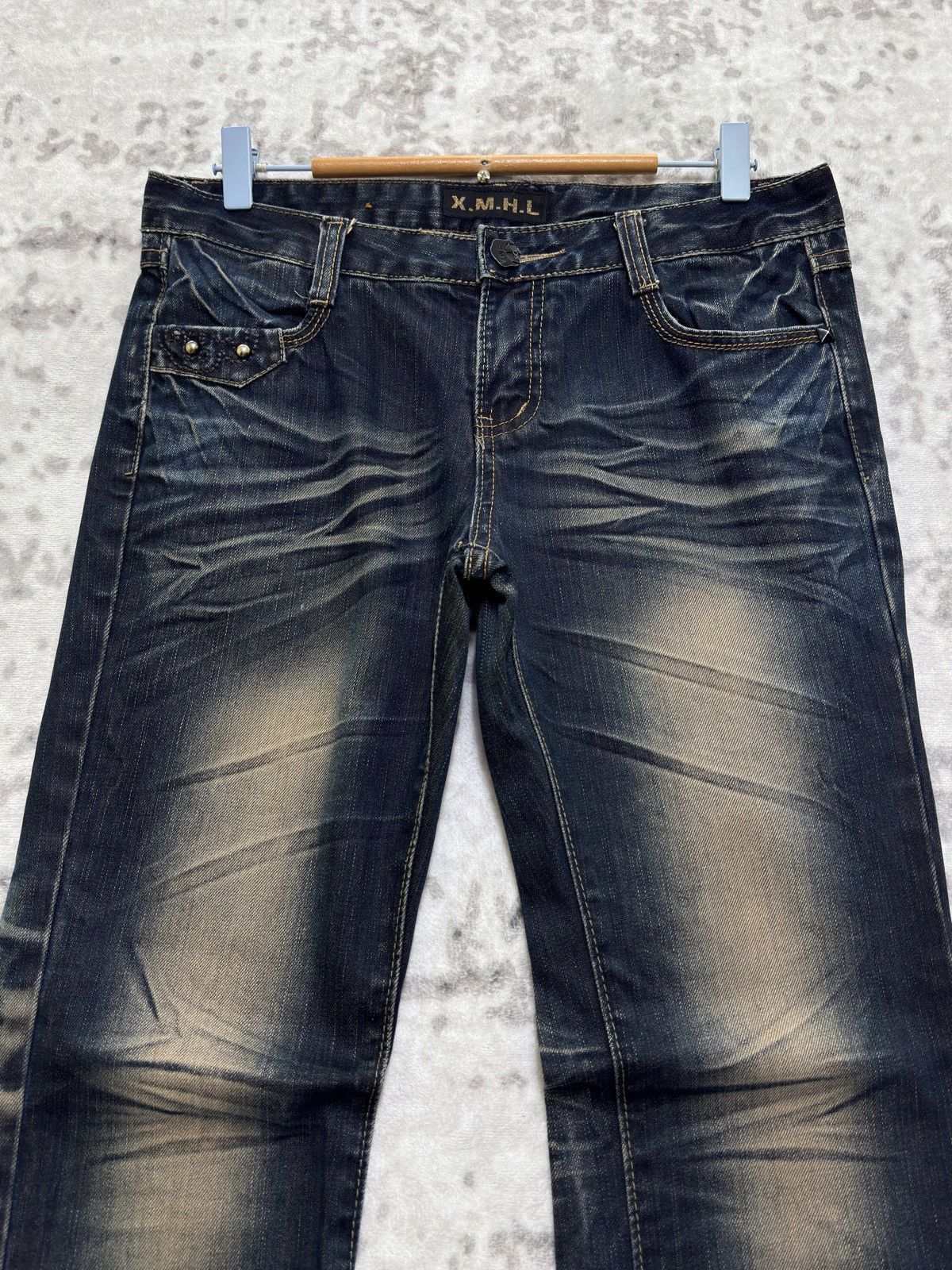 Japanese Brand Vintage X.M.H.L Y2K Mud Wash Studded Low Rise Flare Denim Size US 31 - 3 Thumbnail