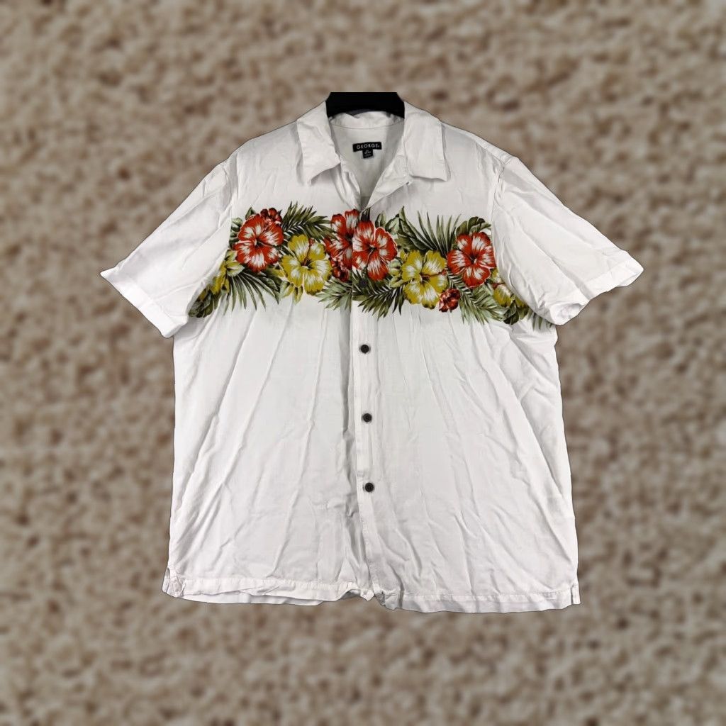 George George Shirt Adult Large White Floral Palm Island Print Button Up Hawaiian Rayon Size US L / EU 52-54 / 3 - 1 Thumbnail