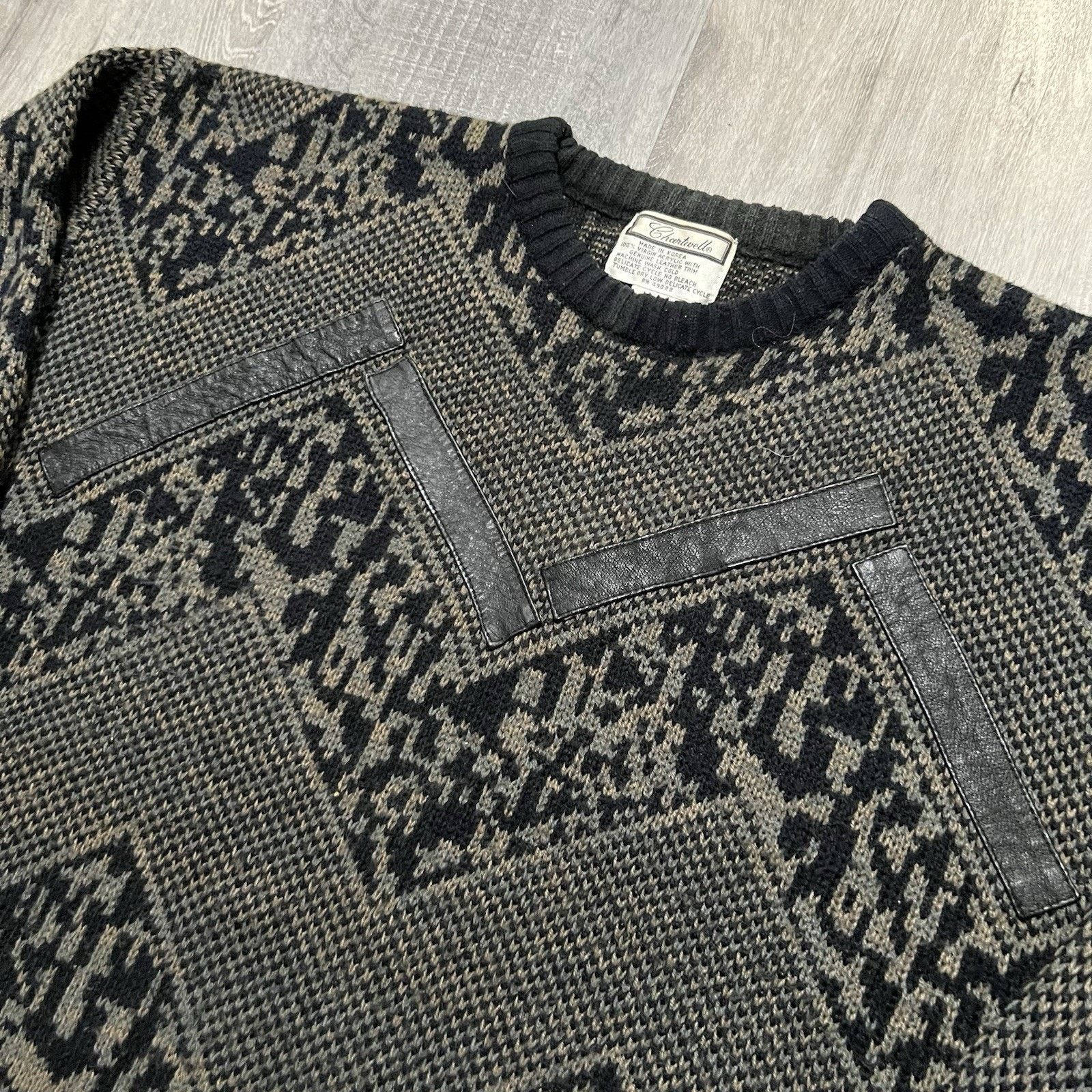 Vintage Vintage Chartwell Sweater 80s/90s Knit Geometric Leather Size US L / EU 52-54 / 3 - 3 Thumbnail