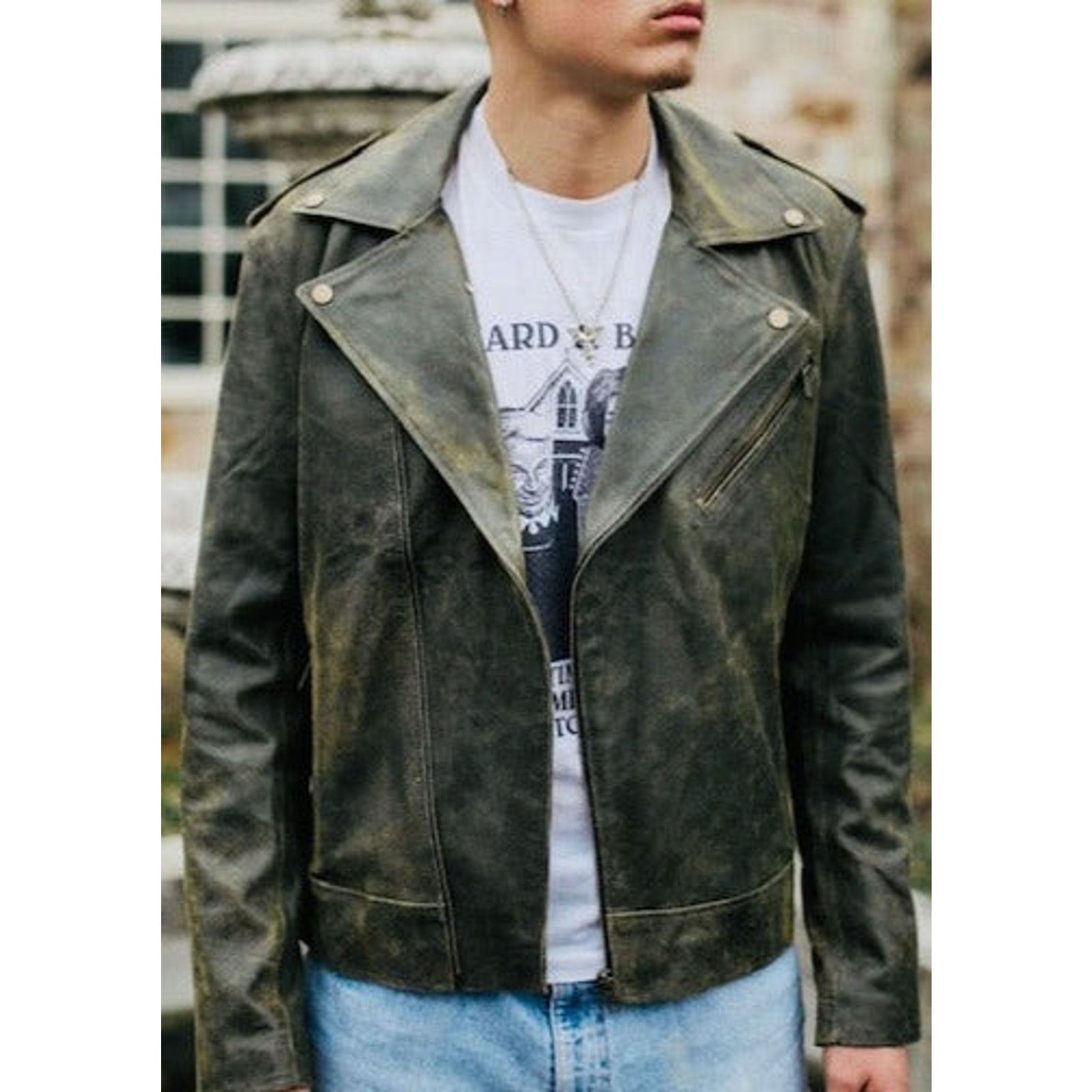& Other Stories Simon Green Distressed Goat Leather Moto Jacket Size US L / EU 52-54 / 3 - 3 Thumbnail
