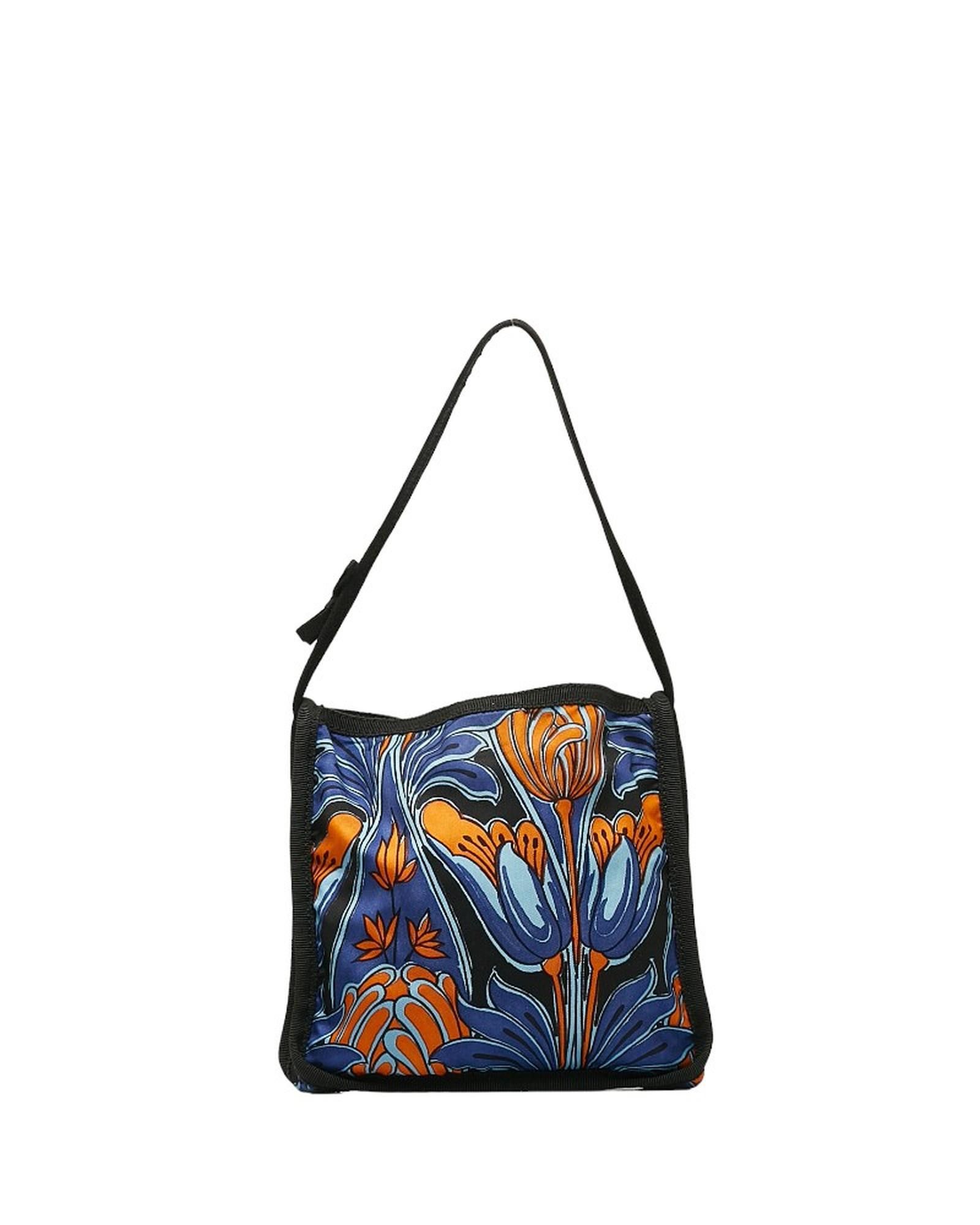 image of Prada Floral Print Canvas Shoulder Bag In Excellent Condition in Blue, Women's