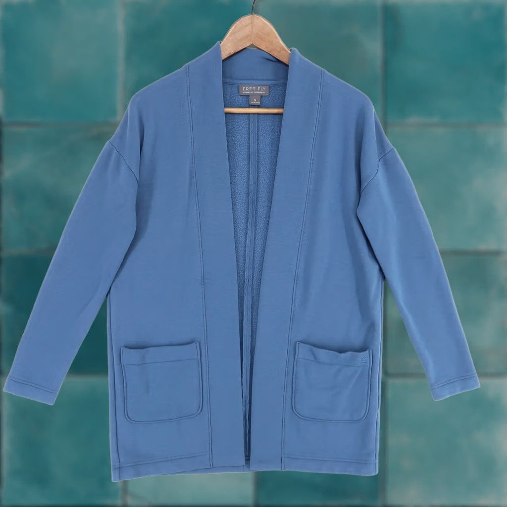 Vintage Free Fly Cardigan Shirt Womens Small Blue Fleece Open Front Pockets Bamboo Polyester Vicuna Fall Winter Spring Size S / US 4 / IT 40 - 1 Thumbnail