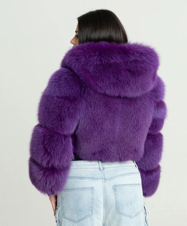 Other Women’s Purple Fox Fur Hooded Bomber Jacket Size L / US 10 / IT 46 - 4 Thumbnail