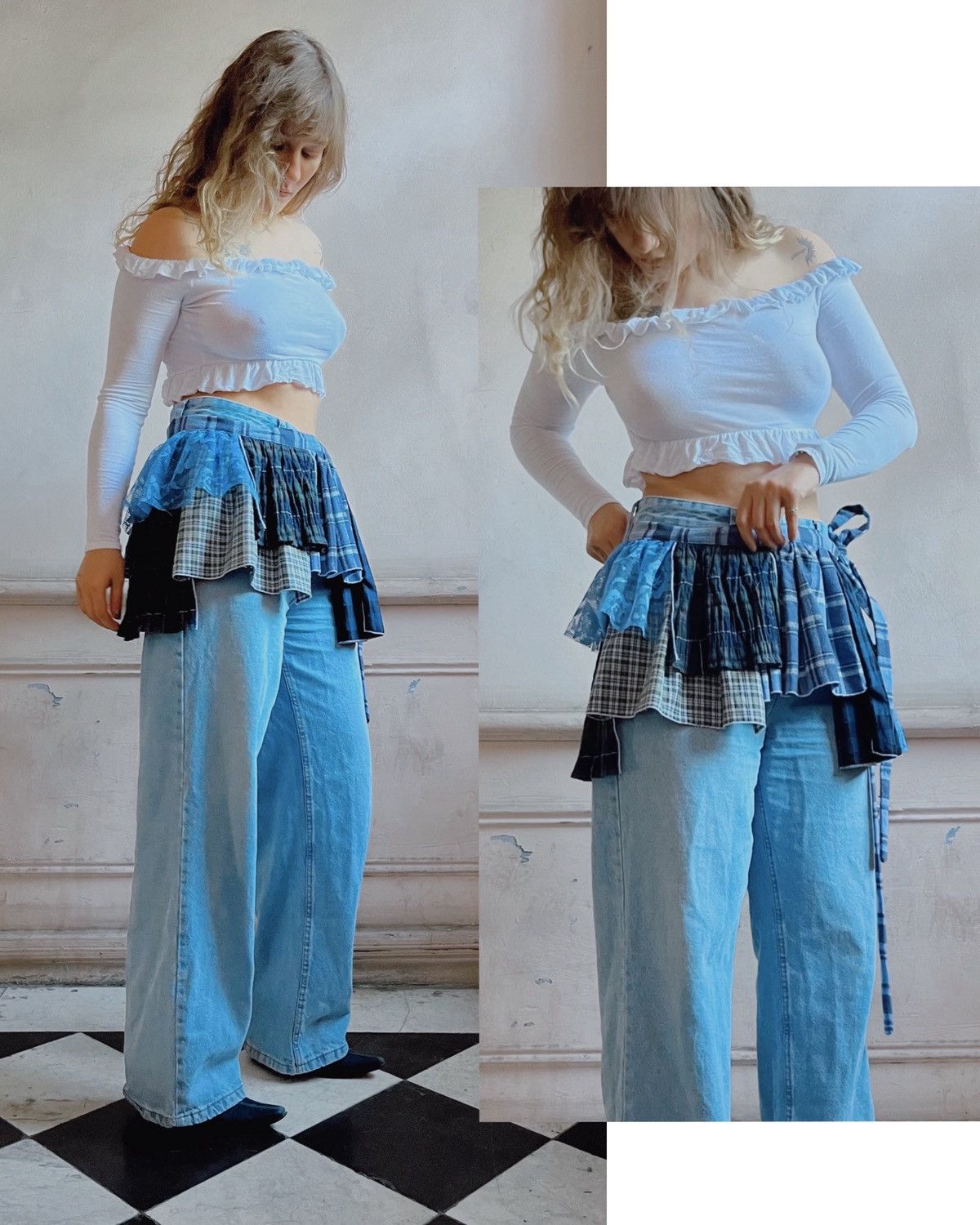 Custommade One-of-a-Kind Upcycled Plaid & Lace Belt Skirt Size 28" / US 6 / IT 42 - 2 Thumbnail