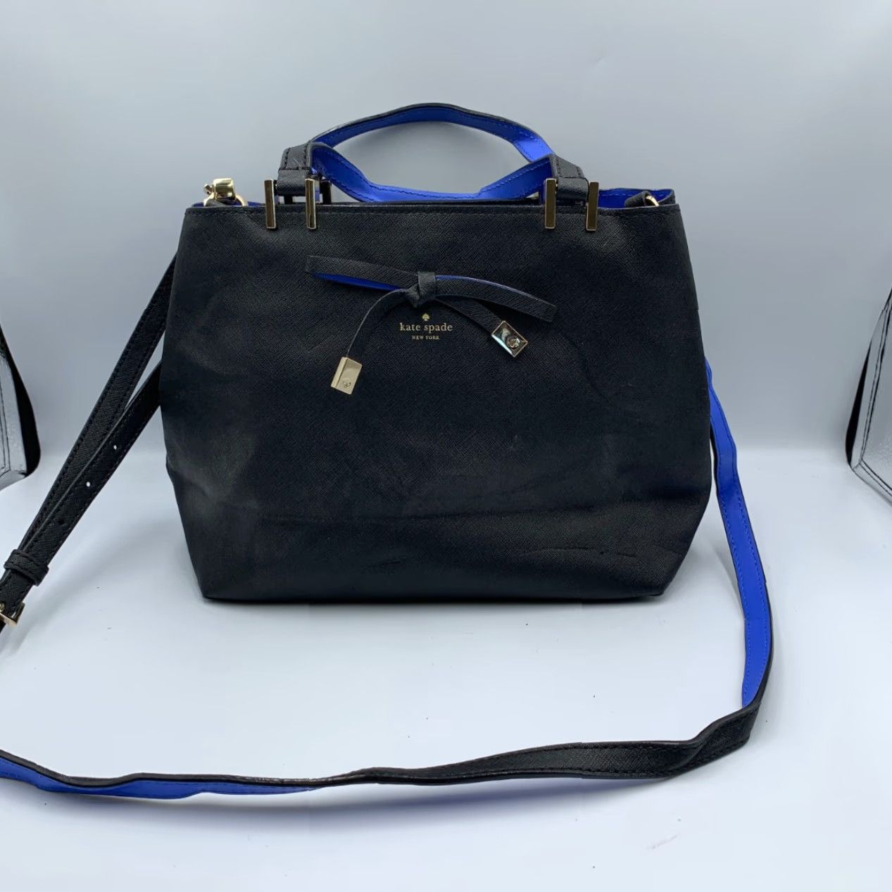 Vintage Kate Spade New York Tote Bag Women's Black Blue Cow Leather Crossbody Strap Bag Size ONE SIZE - 2 Thumbnail