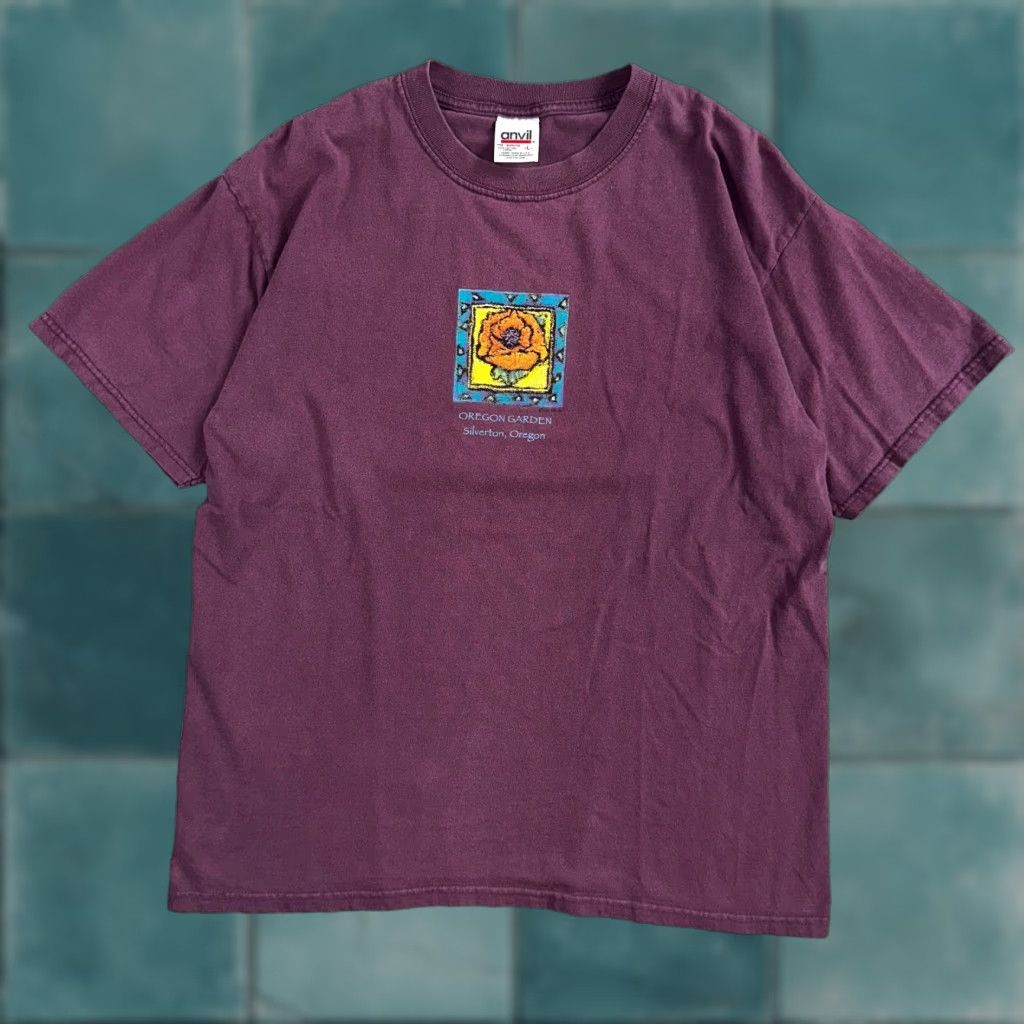 VINTAGE Anvil T Shirt Purple Men Crew Neck Short Sleeve 90s Garden Frank Lloyd Wright House Flower Mens