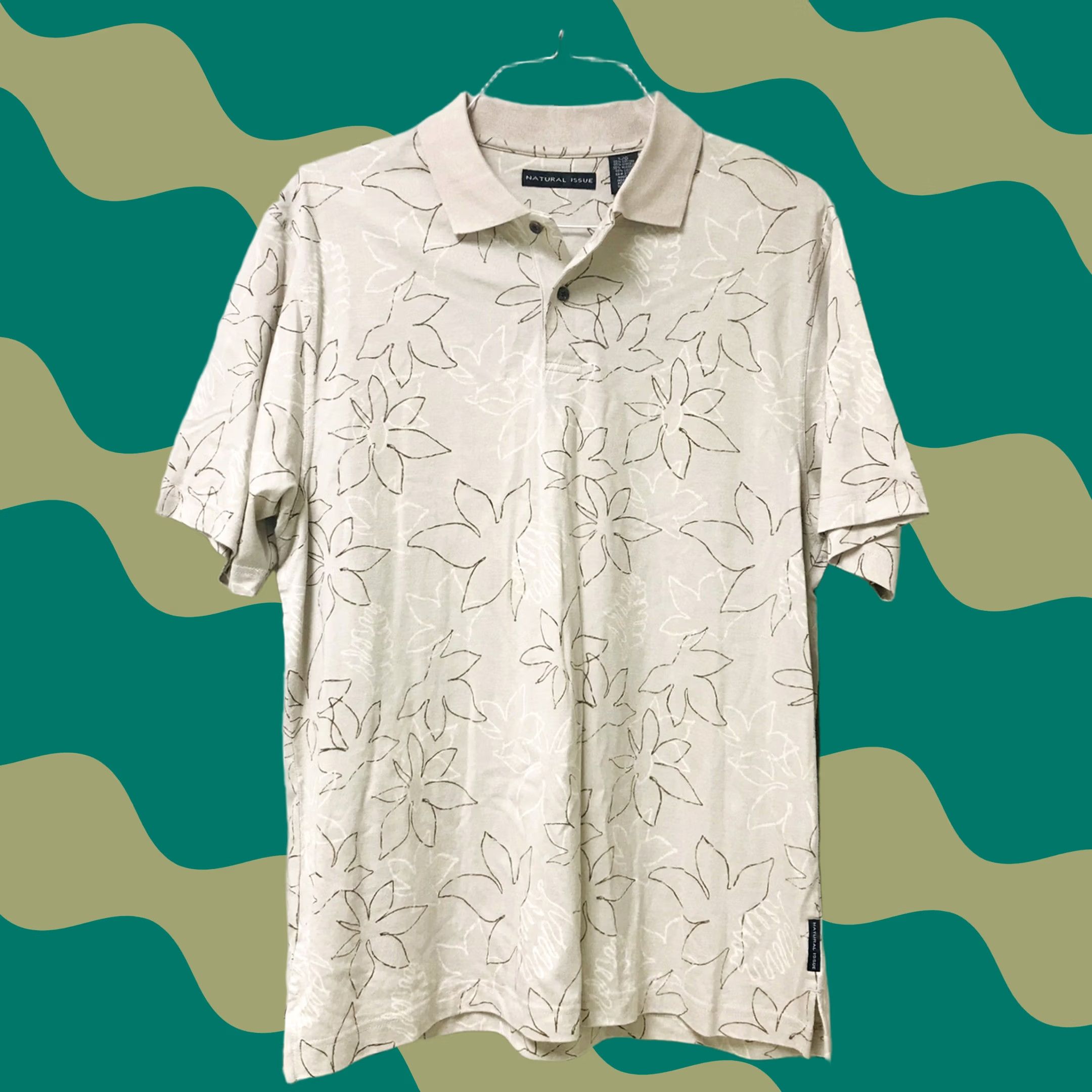Vintage Natural Issue Men Silver Lining Leaf Flower Floral Tropical Hawaiian Knit Polo Shirt L Size US L / EU 52-54 / 3 - 1 Thumbnail