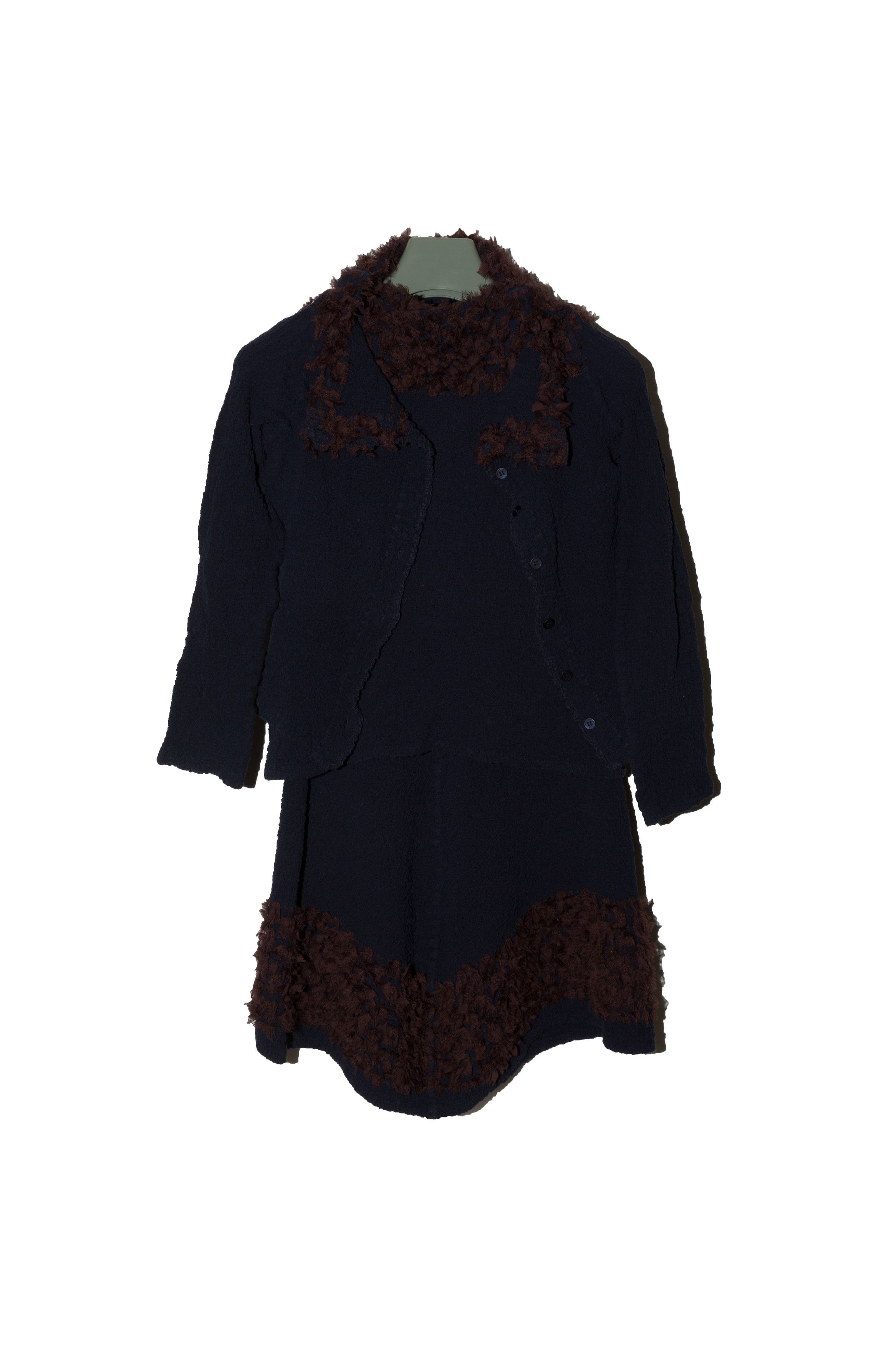 3-Piece Pleated Shaggy Trim Skirt Vest + Jacket Set