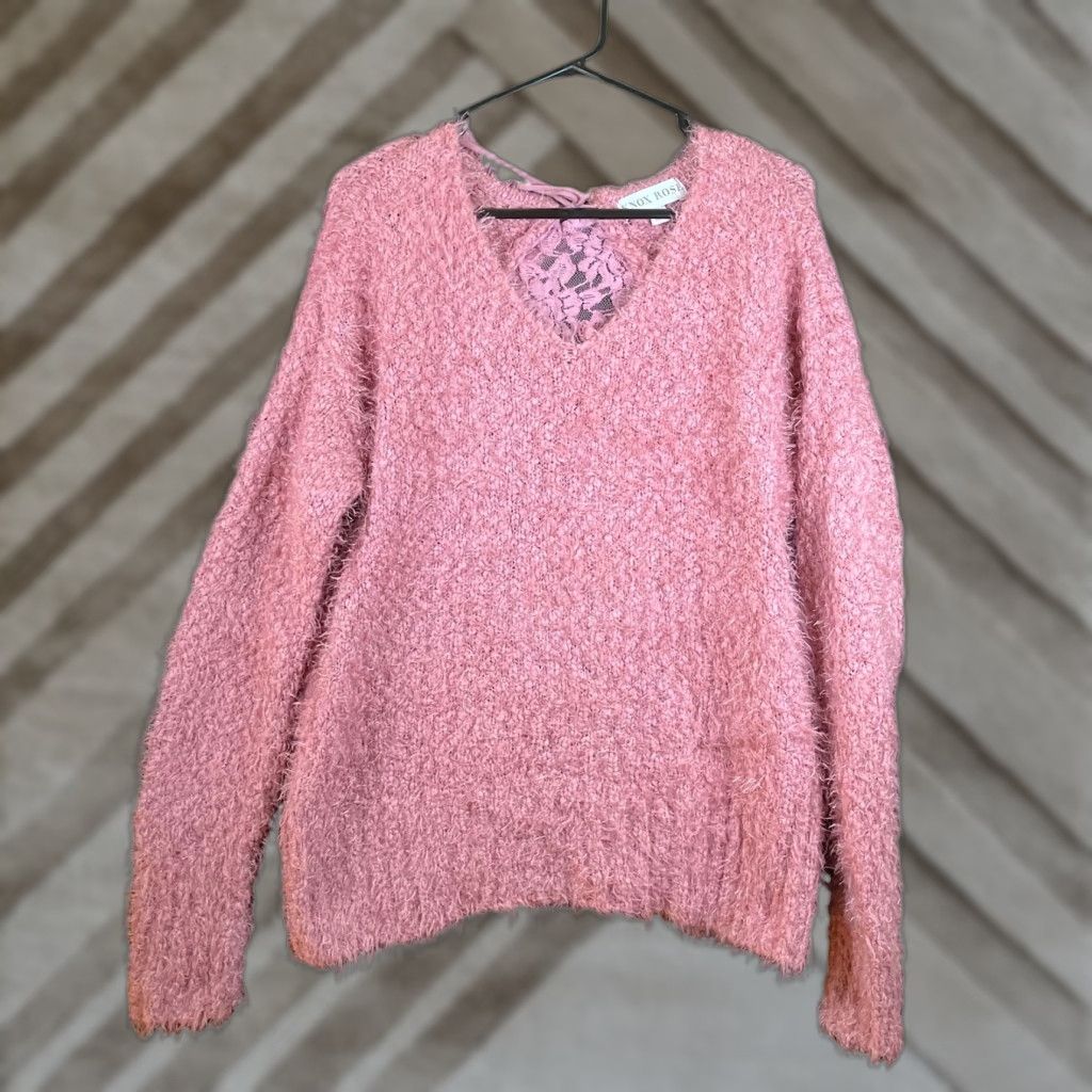 Vintage Knox Rose Womens Sweater Pink V Neck Feather Open Lace Back Large Size L / US 10 / IT 46 - 1 Thumbnail