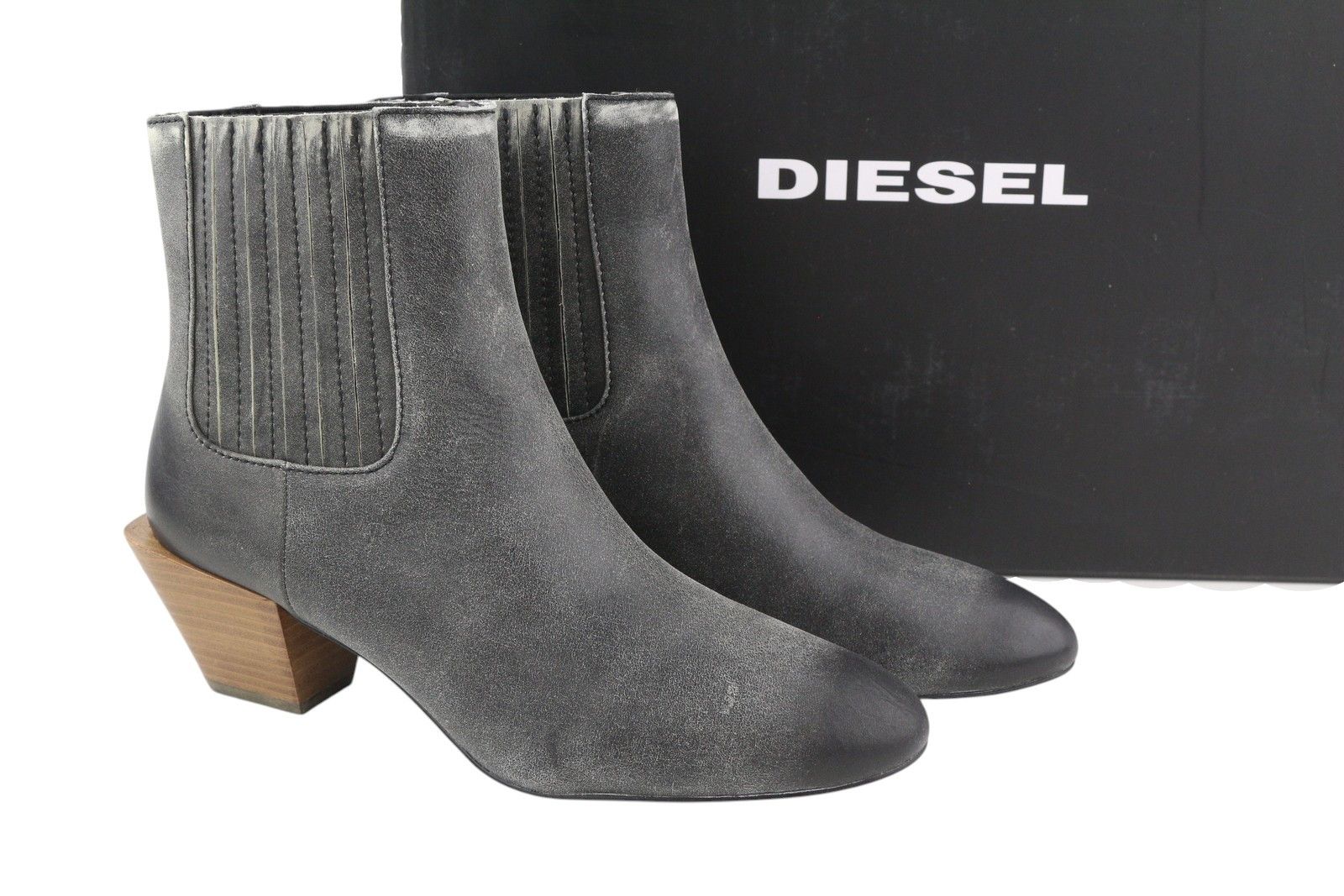 Diesel D-TEXANNE CH EU39 Grey Black Leather Cuban Heel Boots 41120 Size US 8 / IT 38 - 1 Thumbnail