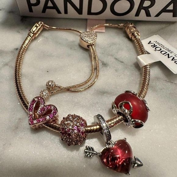 pandora Pandora Genuine ROSE GOLD SLIDER Chain Bracelet, Love & Hear Size ONE SIZE - 4 Thumbnail