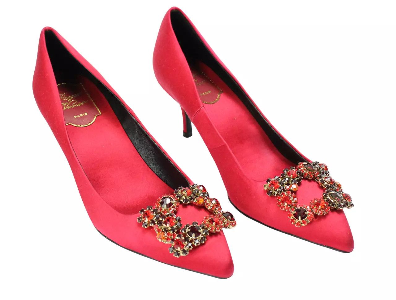 Roger Vivier ROGER VIVIER Women's EU 38 Crystal Flower Red Satin Heels Size US 8 / IT 38 - 1 Thumbnail