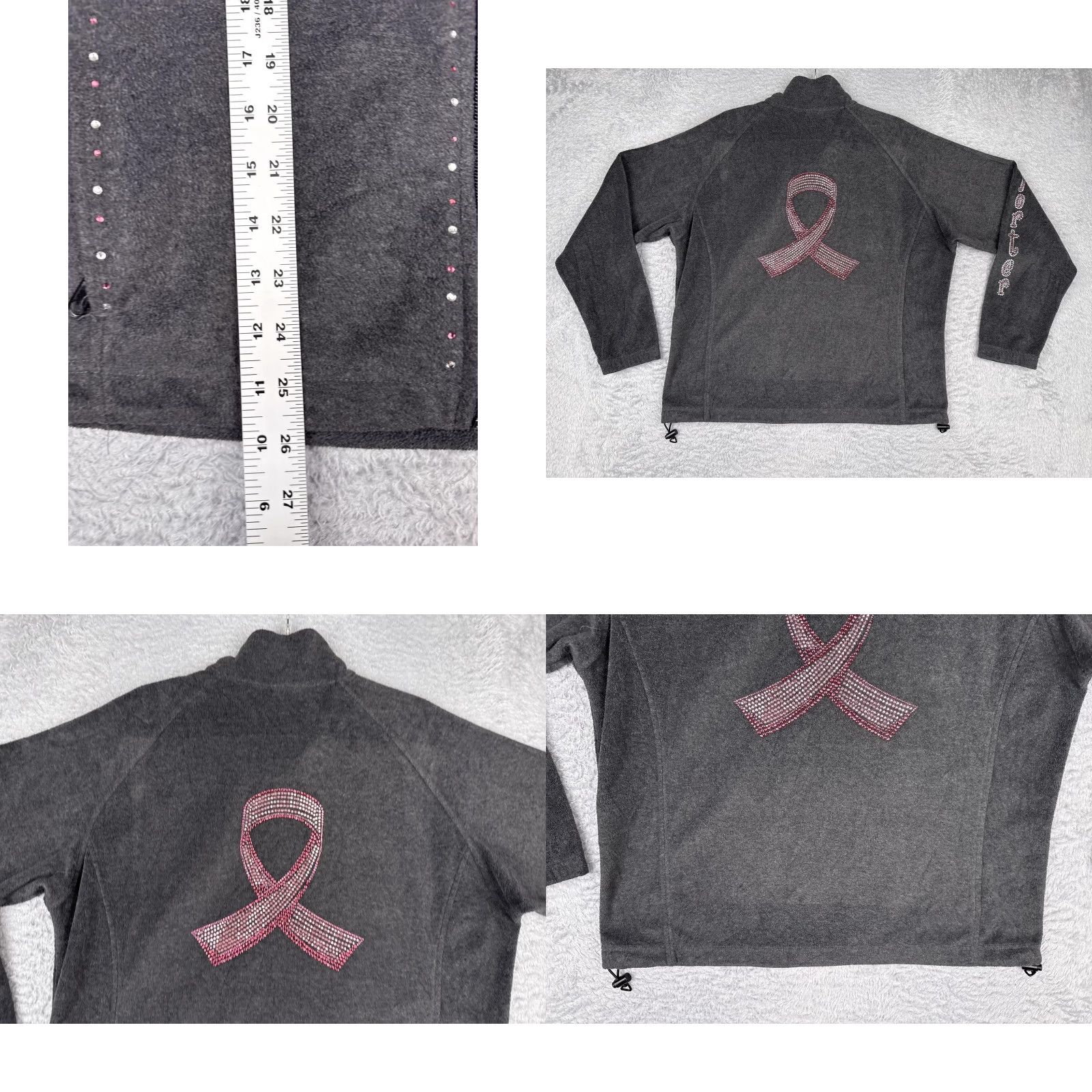 Pinko Columbia Jacket Women XL Gray Full Zip Rhinestone Cross Heart Pink Ribbon Fleece Size XL / US 12-14 / IT 48-50 - 9 Thumbnail