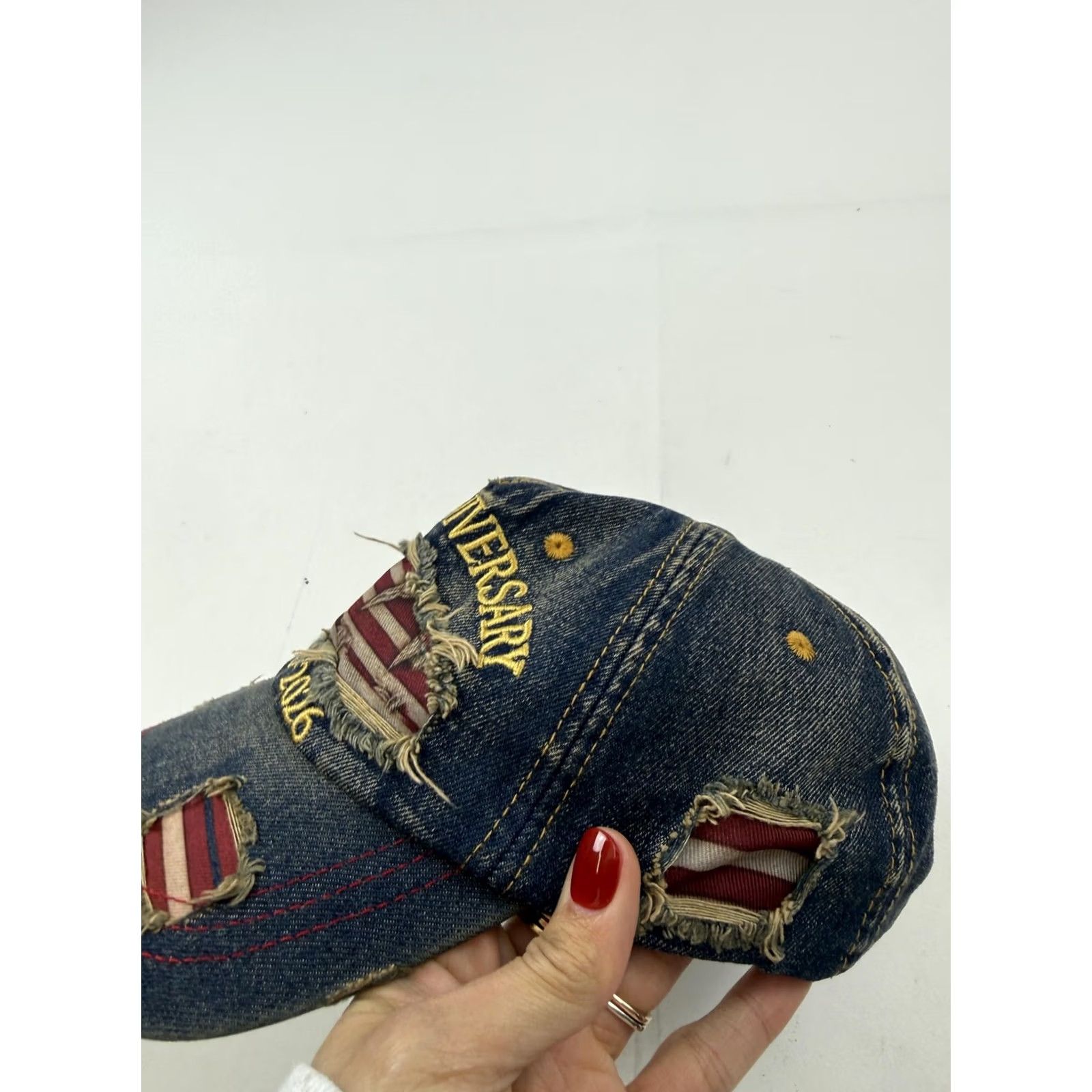 Denime VINTAGE USA 250th Anniversary Hat Cap Strap Back One Size Blue Denim Distressed USA Mens Size ONE SIZE - 3 Thumbnail
