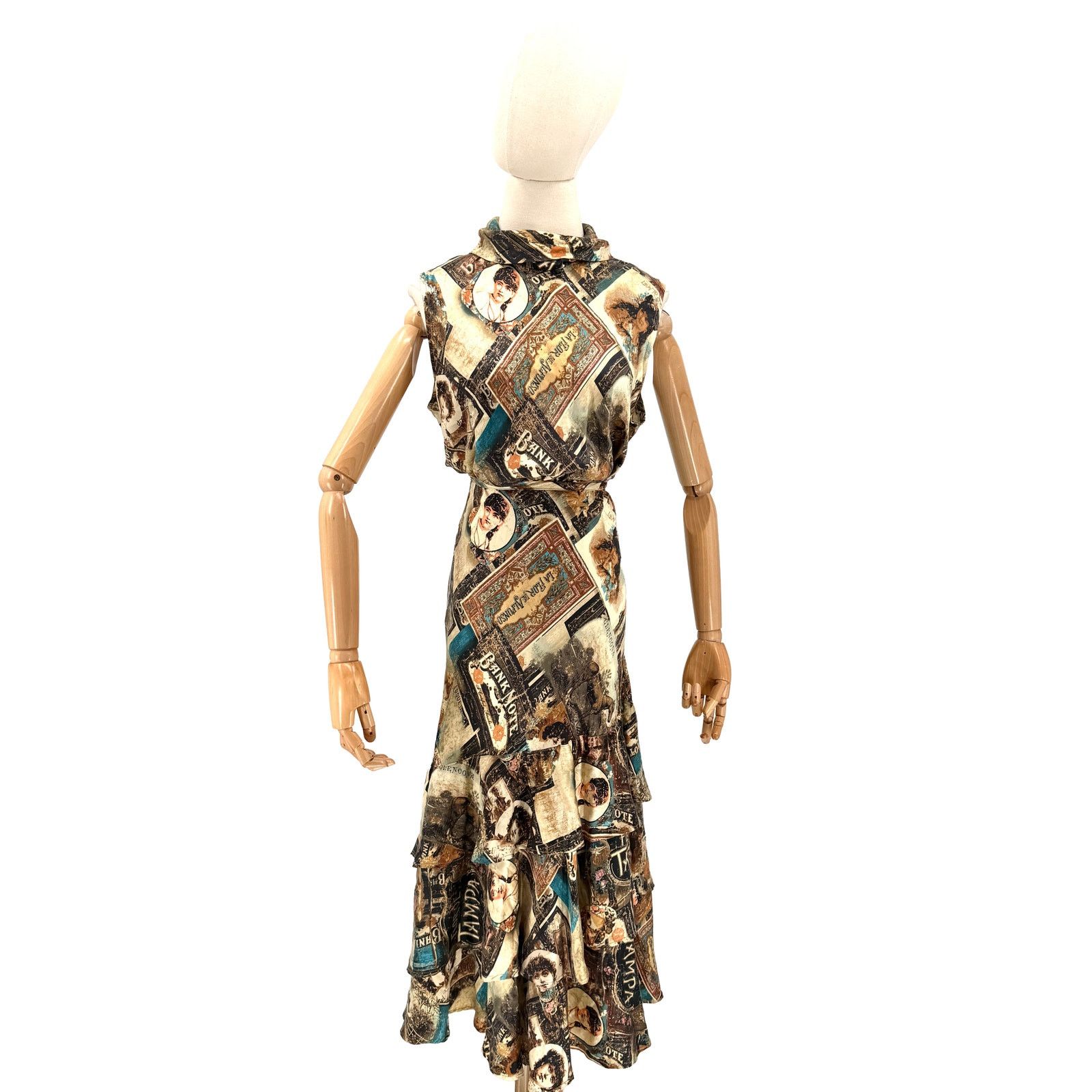 Double D Ranch Vintage Y2K Brown 100% Silk Ephemera Print Blouse Skirt Set Size L / US 10 / IT 46 - 1 Thumbnail