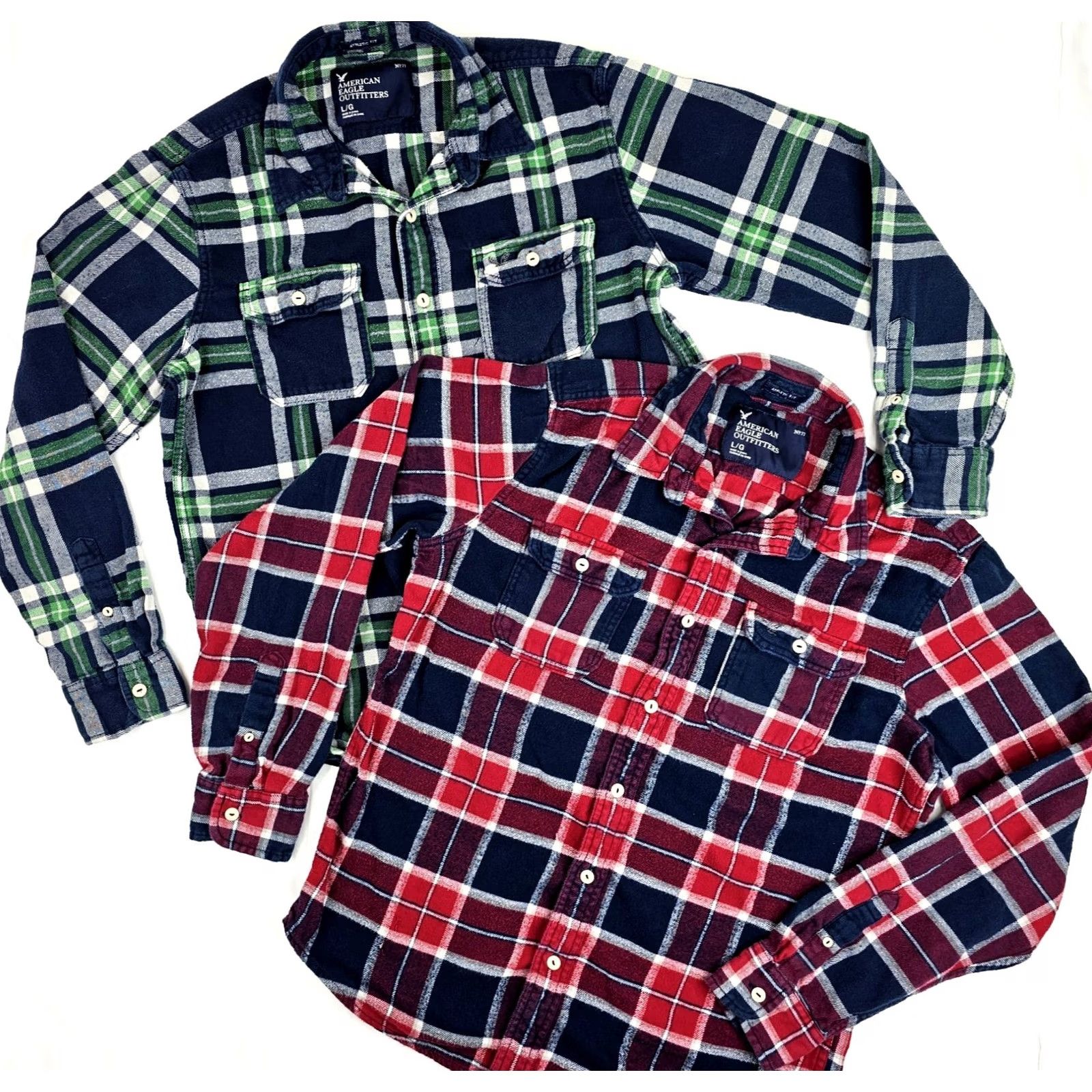 American Eagle Outfitters VINTAGE AMERICAN EAGLE Athletic Fit Flannel Shirt LOT x 2 Men L Green & Red Plaid Size US L / EU 52-54 / 3 - 2 Thumbnail