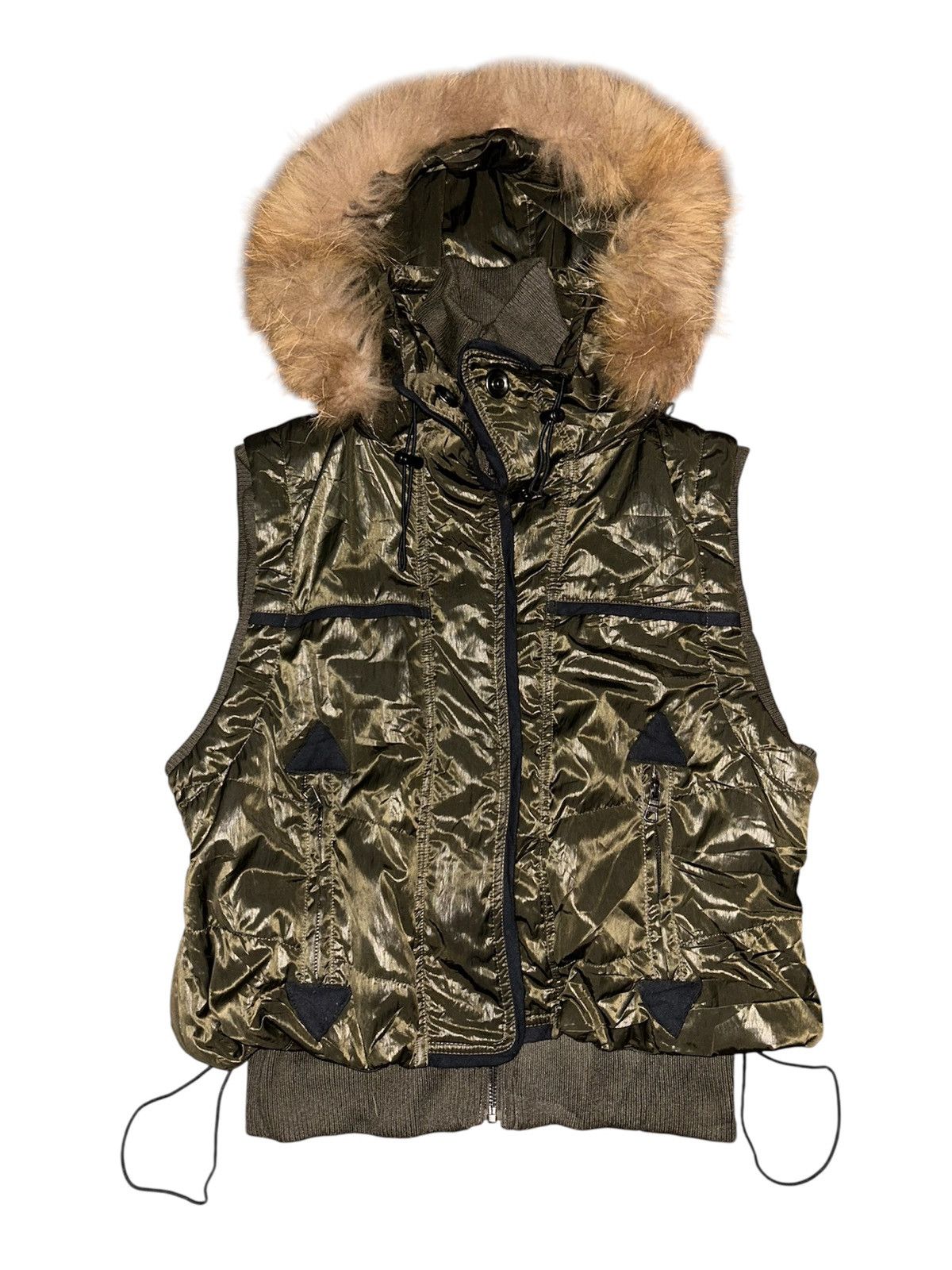 20471120 Blue Jam Shiny Puffer Vest Faux Fur Trimmed Hood Size S / US 4 / IT 40 - 6 Thumbnail