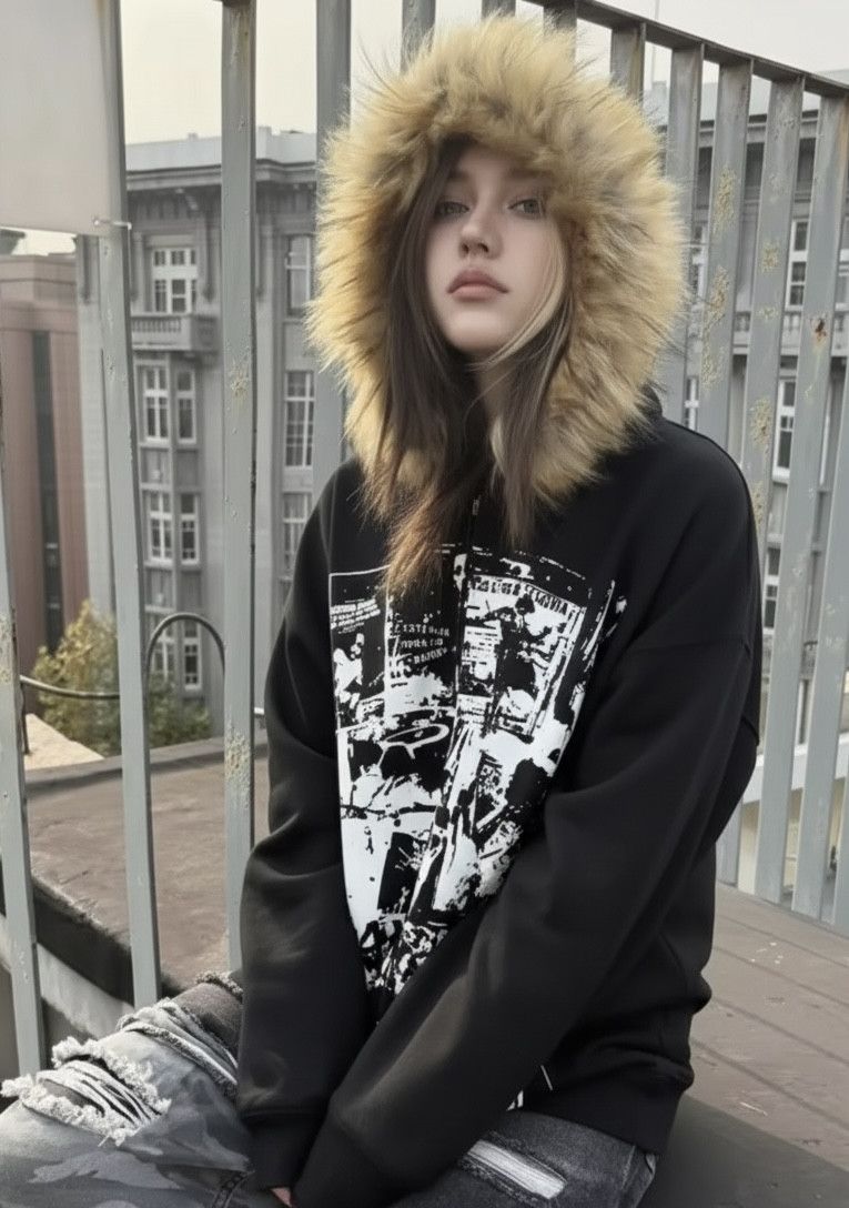 Other Fashion Punk Y2K Retro Faux Fur Hoodies Jacket Coat Size L / US 10 / IT 46 - 2 Thumbnail