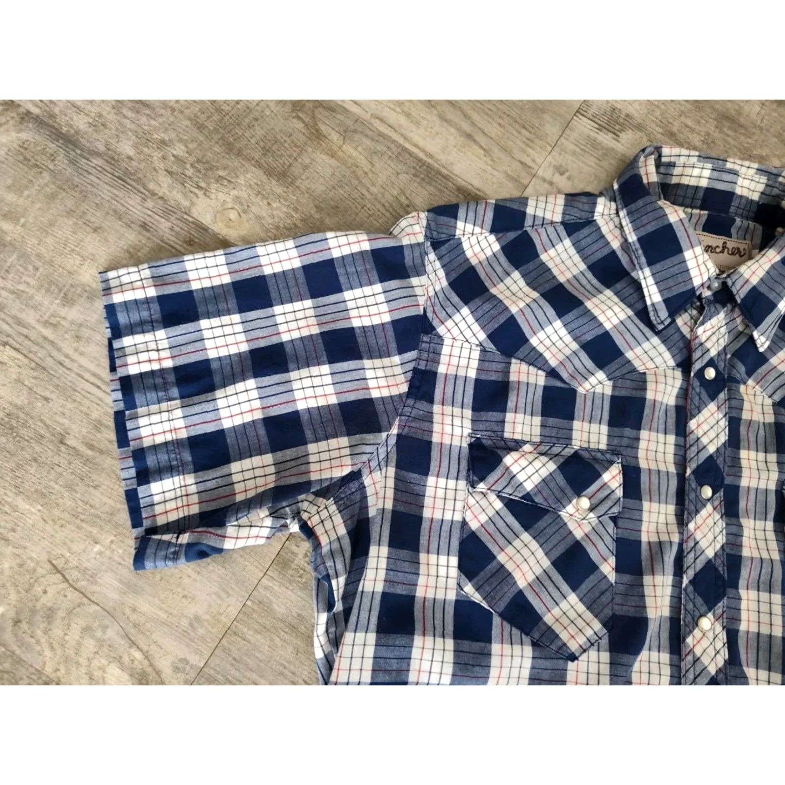 Wrangler VINTAGE Wrangler Western Shirt Blue Plaid Large Short Sleeve Pearl Snap Cowboy 90s Mens Size US L / EU 52-54 / 3 - 5 Thumbnail