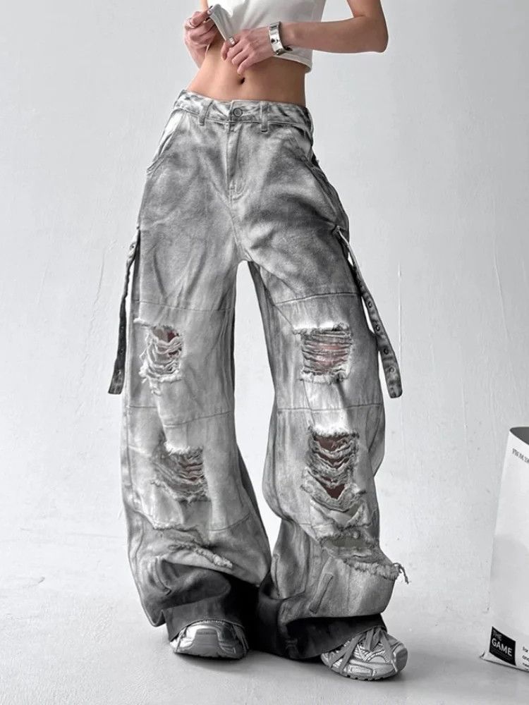 Japanese Brand × Vintage Dirty Washed White Baggy Stacked Ripped Jeans Size 32" / US 10 / IT 46 - 4 Thumbnail