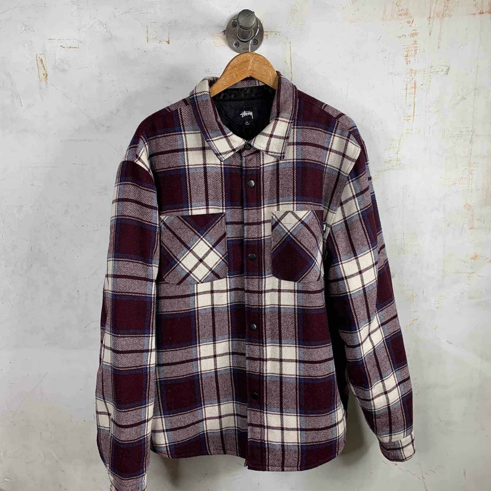 image of Stussy Quilted Flannel Maroon in Black Red White, Men's (Size XL)