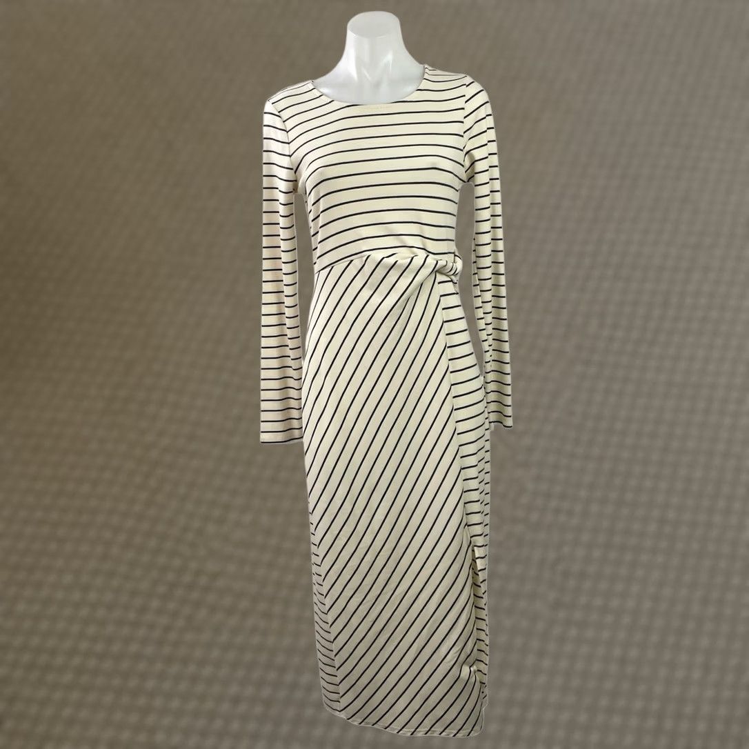 kaileigh knit dress Vintage Sweater Womens M Cream Black Striped Long Sleeve Tie Front Maxi Midi dress