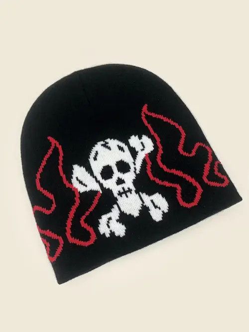image of Vintage Skull & Fire Pattern Beanie in Black/Red, Men's