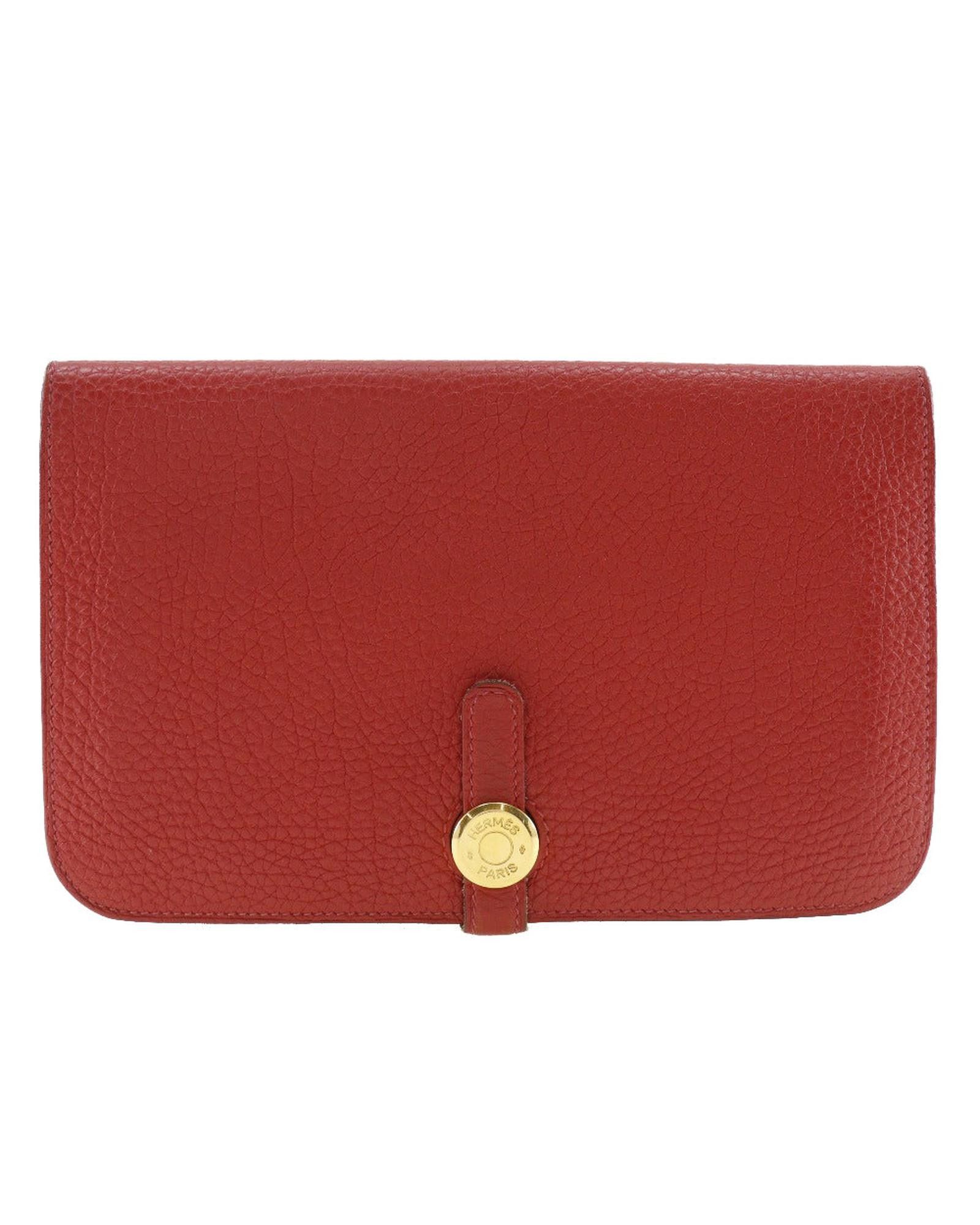 image of Hermes Luxury Red Leather Wallet With Gold Hardware, Women's