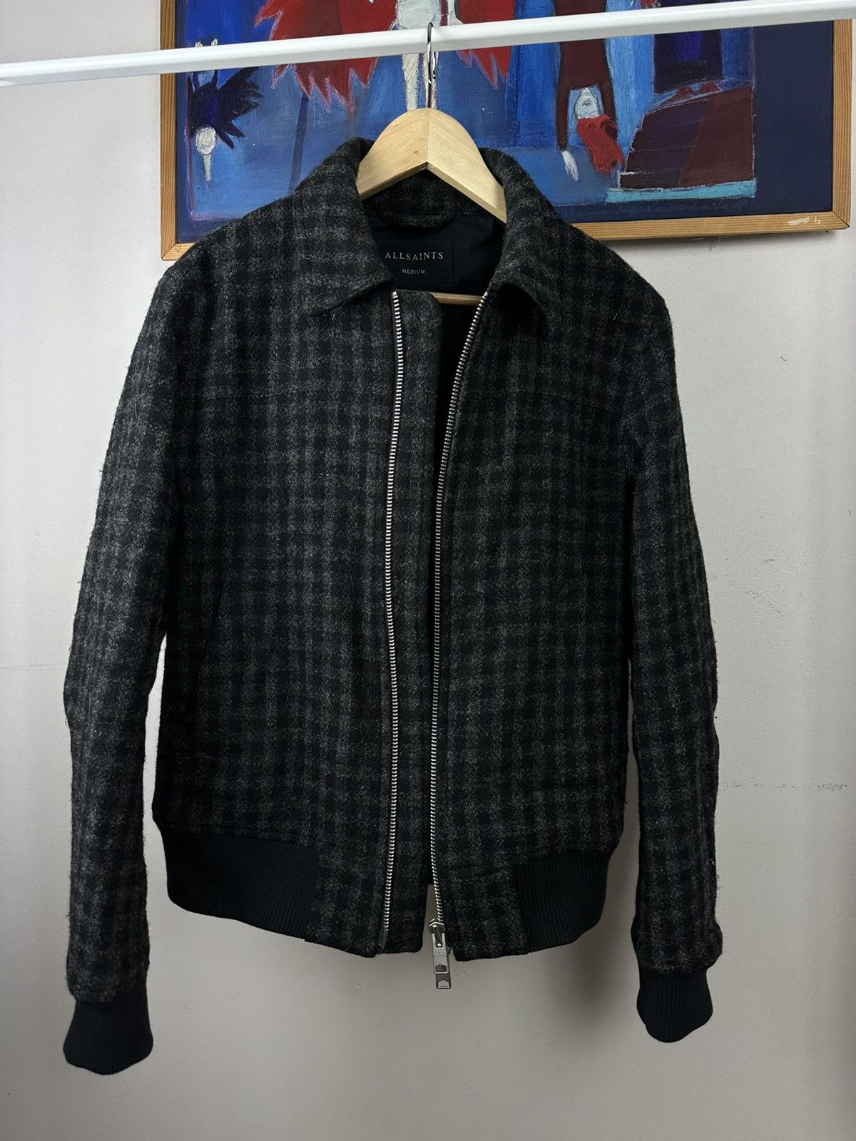 Allsaints × Japanese Brand AllSaints checkerboard black and grey bomber woolen jacket Size US M / EU 48-50 / 2 - 2 Thumbnail