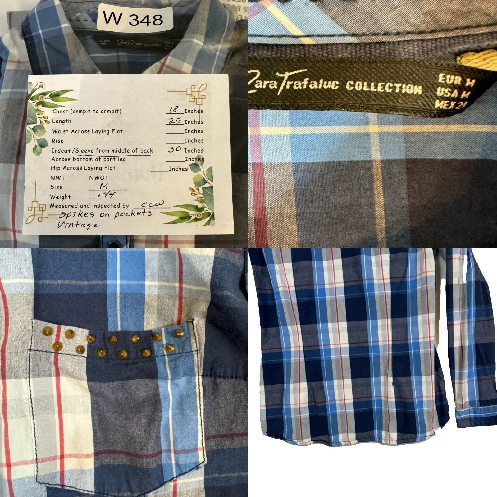 Zara VINTAGE Zara Trafaluc Shirt Womens M Plaid Spiked Pockets 100% Cotton Grunge Blue Safe? Size M / US 6-8 / IT 42-44 - 8 Thumbnail