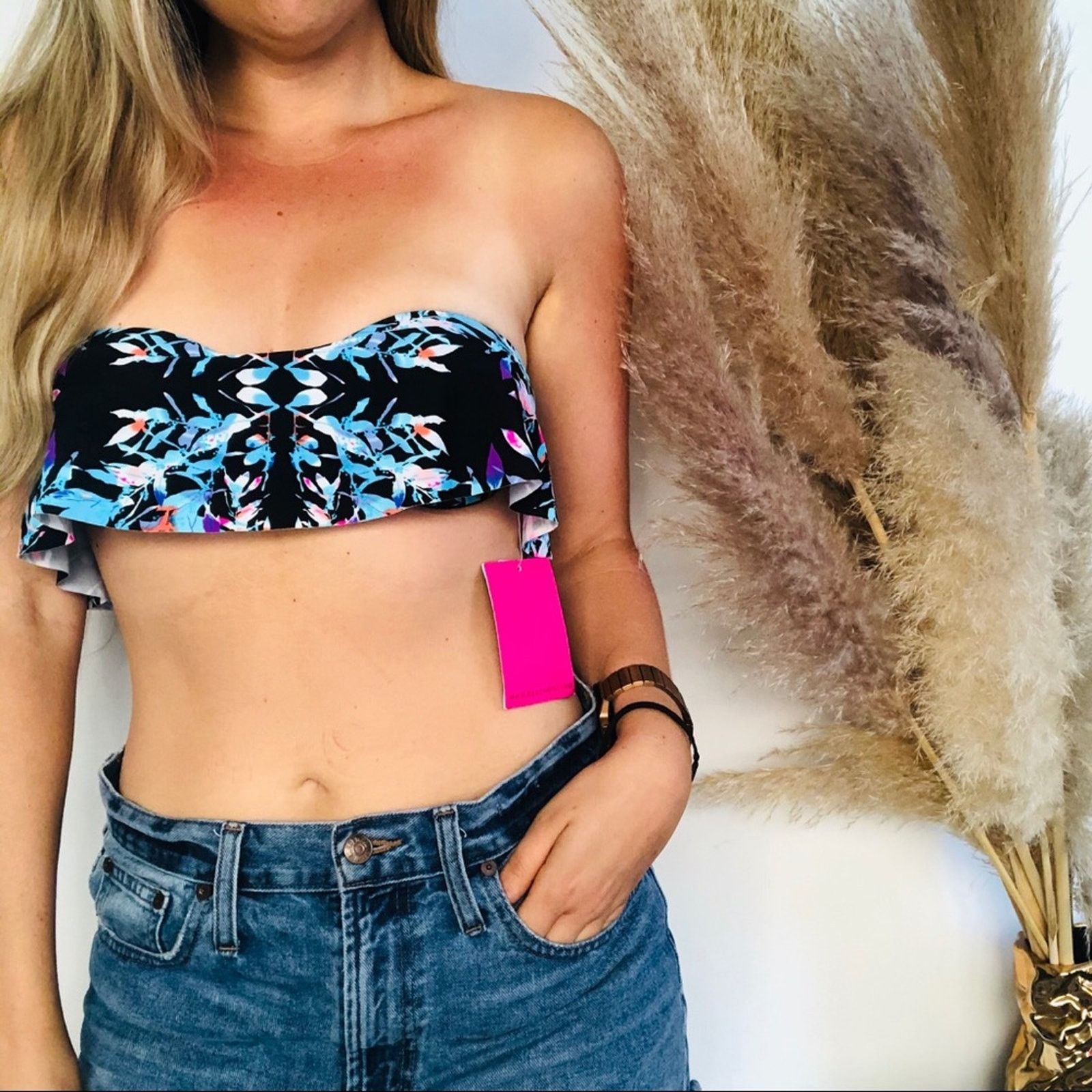 Beach Riot NEW BEACH RIOT Black White Blue Floral Bandeau Bikini Swim Size L / US 10 / IT 46 - 3 Thumbnail