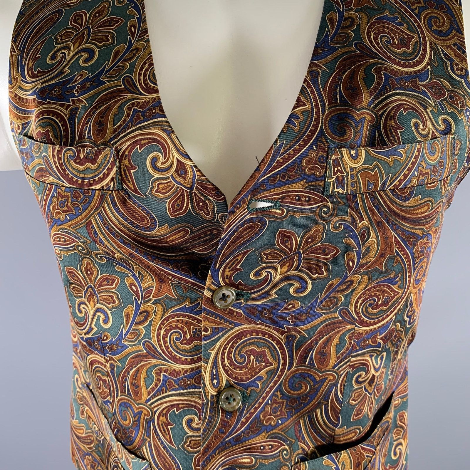 Nordstrom NORDSTROM Size S Green Burgundy Paisley Silk Vest Size 34S - 2 Thumbnail