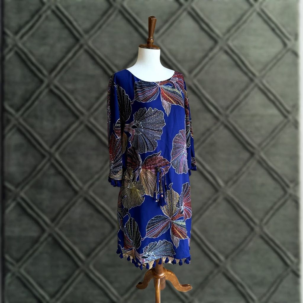 Trina Turk Trina Turk Women's Shift Dress Multicolor Floral Short Sleeve Lined Belted Knee Length 8 Dolman Fringe Tie Party Casual Wedding Holiday Size M / US 6-8 / IT 42-44 - 1 Thumbnail