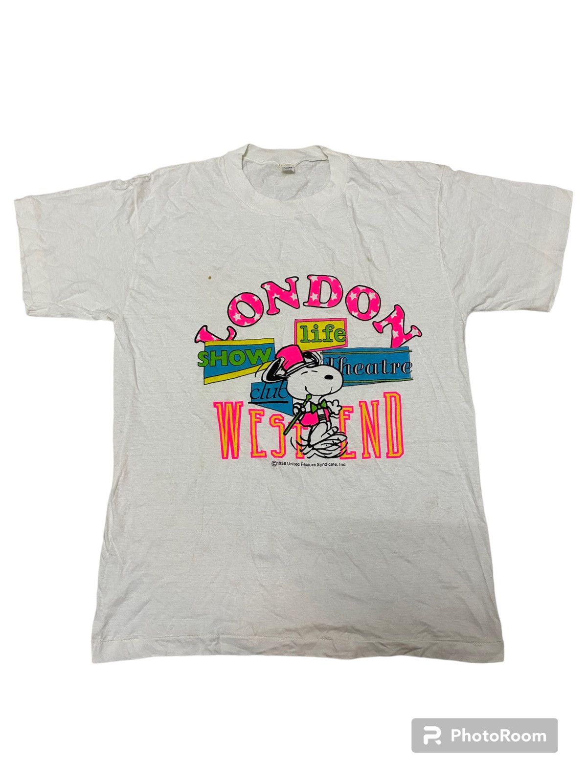 image of Vintage 1958 Snoopy In London Theatre West End in White, Men's (Size XL)