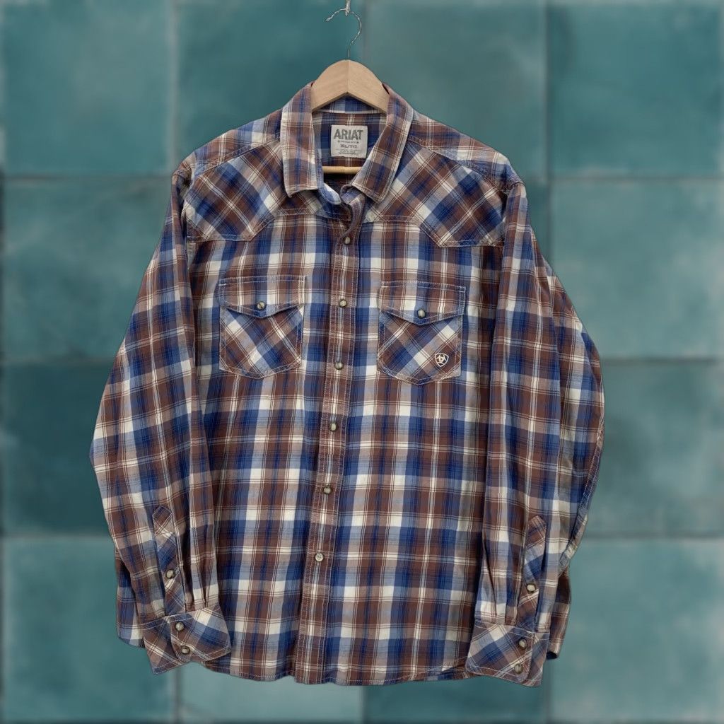 Ariat Ariat Retro Fit Shirt Mens XL Blue Brown Plaid Western Pearl Snap Cowboy Rodeo Size US XL / EU 56 / 4 - 1 Thumbnail