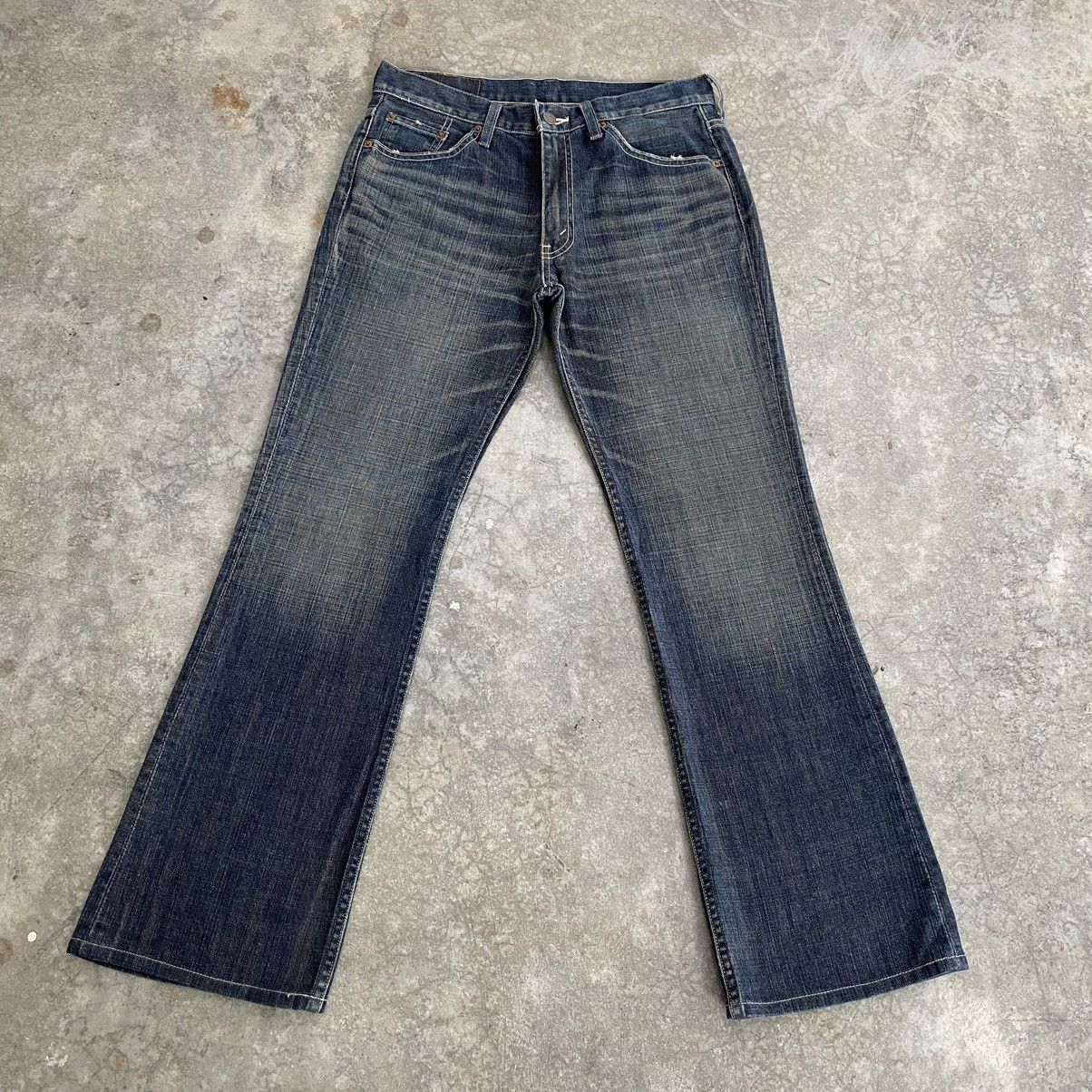 image of Size 31X29.5 VTG Levis 517 Dirt Washed Flared Denim Jeans in Dirty Blue, Men's