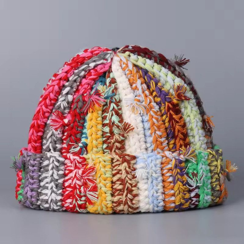 Handmade Multi-strand Twist Mixed Color Knitted Wool Beanie Hat Size ONE SIZE - 1 Thumbnail