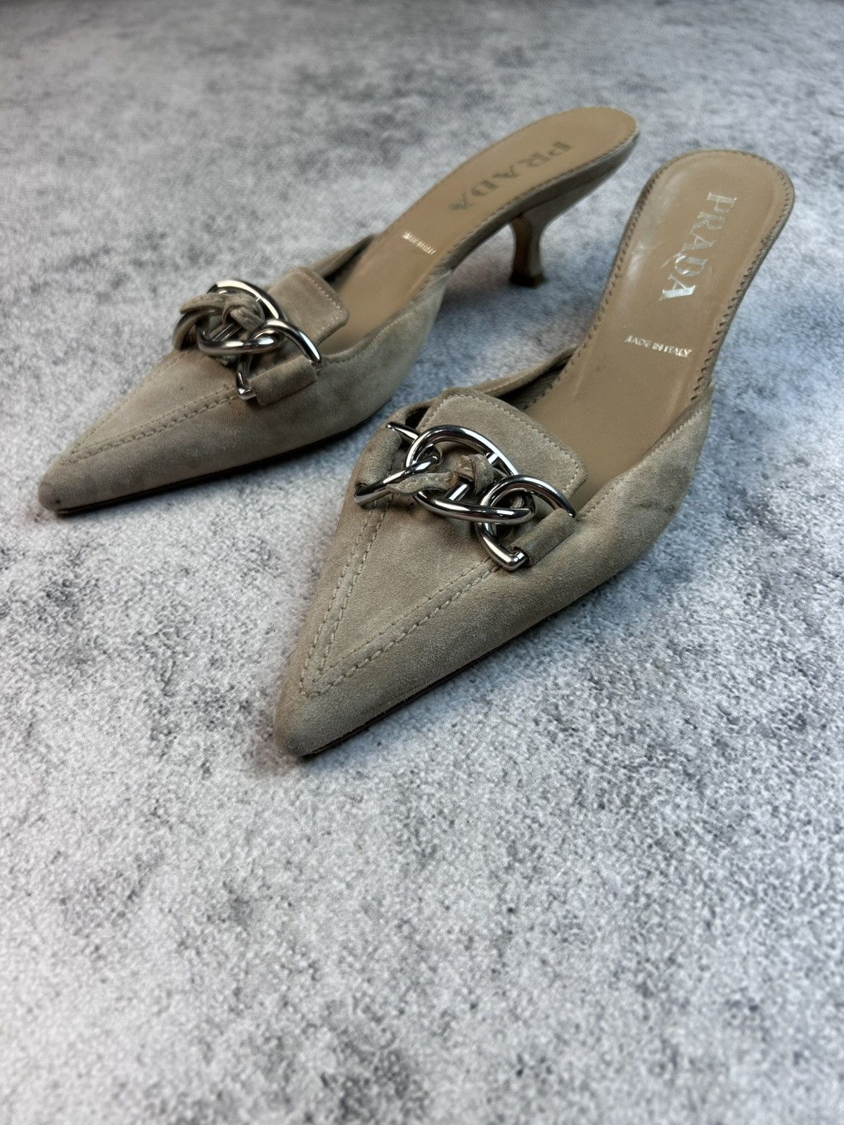 Prada Prada Vintage Tan Suede Chain Link Kitten Mule Heels Size US 7.5 / IT 37.5 - 2 Thumbnail