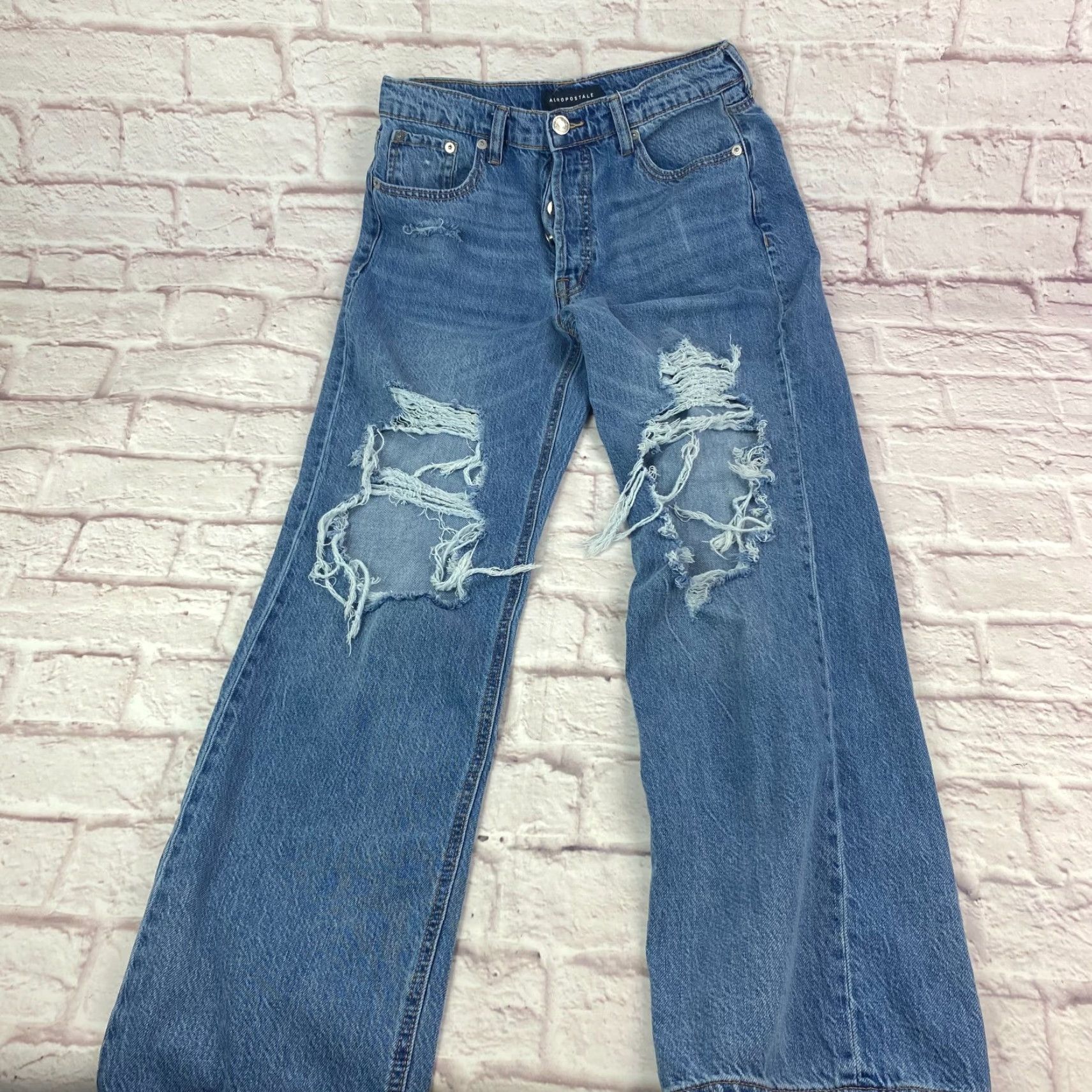 Vintage Aéropostale 90s Baggy Jeans Womens Size 8 High Rise Straight Distressed Button Fly Denim Blue 5-Pocket Design Jeans Womens Size 30" / US 8 / IT 44 - 6 Thumbnail