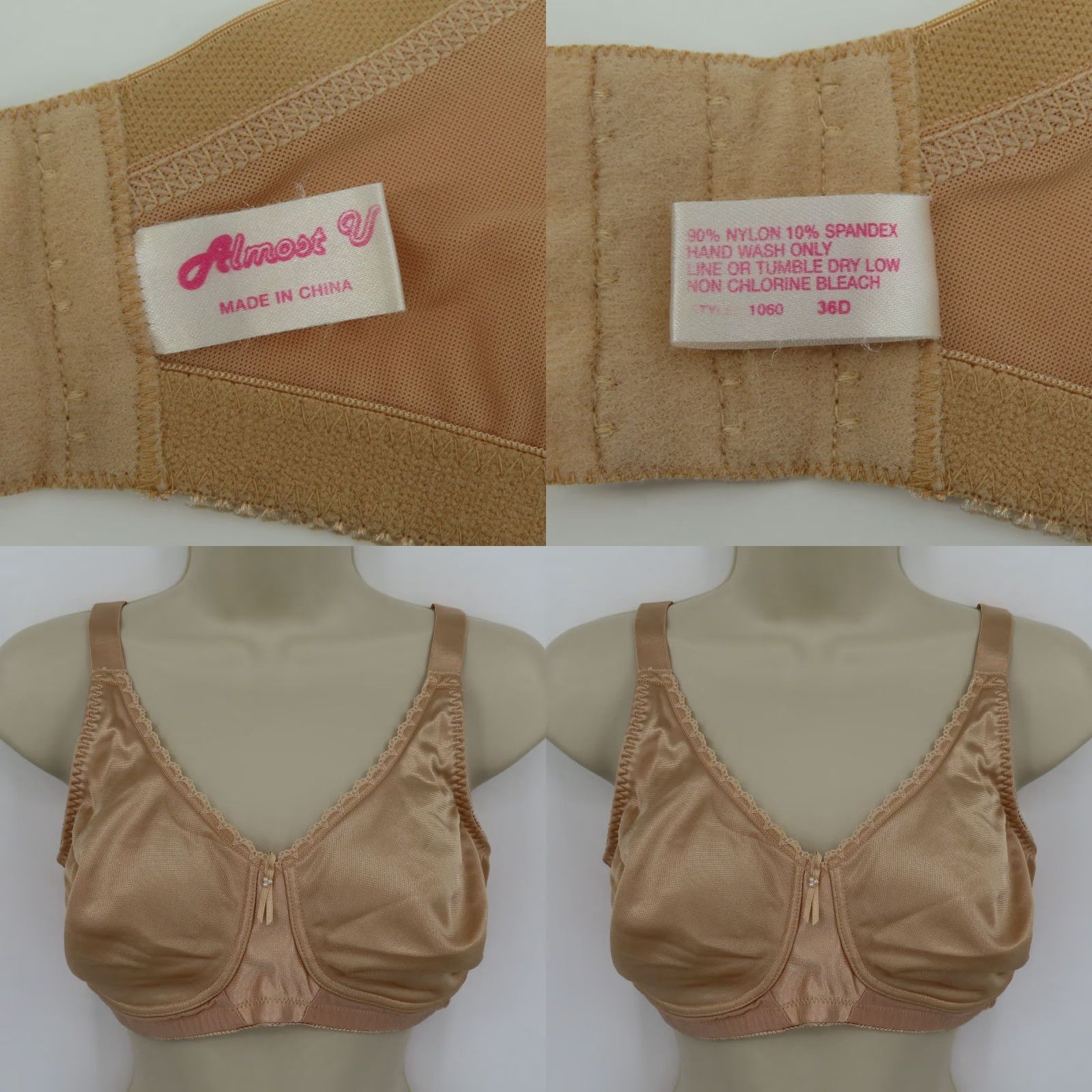 Vintage Almost U Bra 36D Beige Wireless Unlined Nylon Blend Lace Trim Women T-Shirt Bra 1060 Size ONE SIZE - 9 Thumbnail
