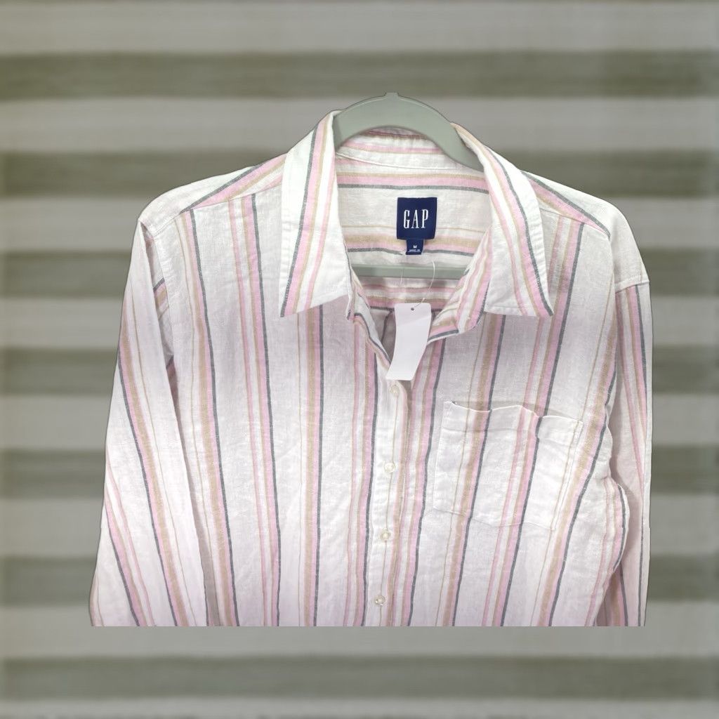 Gap Gap Linen Shirt Women Sz Medium Pink Stripe Button Long Sleeve Linen Blend NWT Shirt Overlay Oversized Casual Size M / US 6-8 / IT 42-44 - 1 Thumbnail