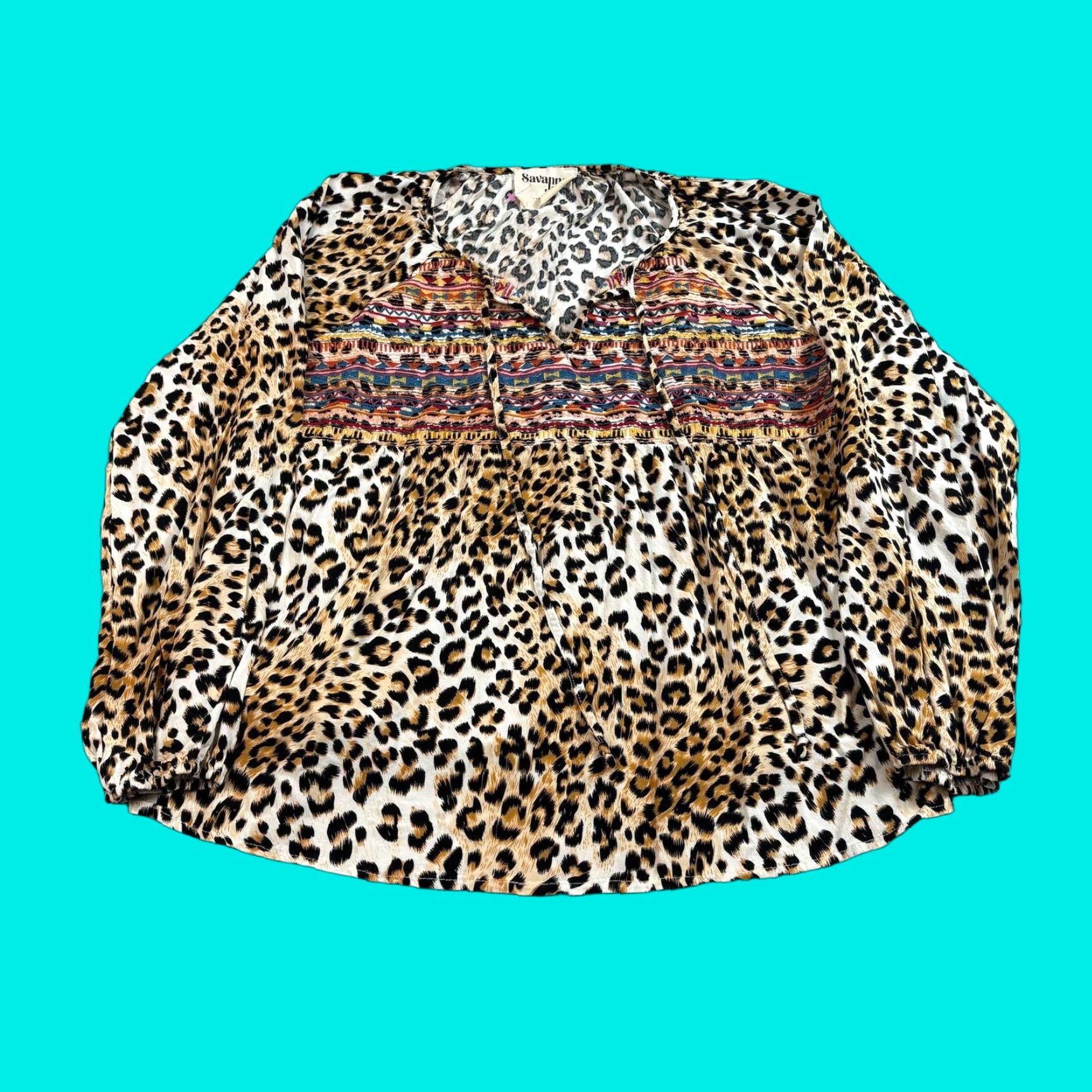 Vintage Savanna Jane Shirt Womens Large Leopard Print Embroidered Boho Peasant Blouse Size L / US 10 / IT 46 - 1 Thumbnail