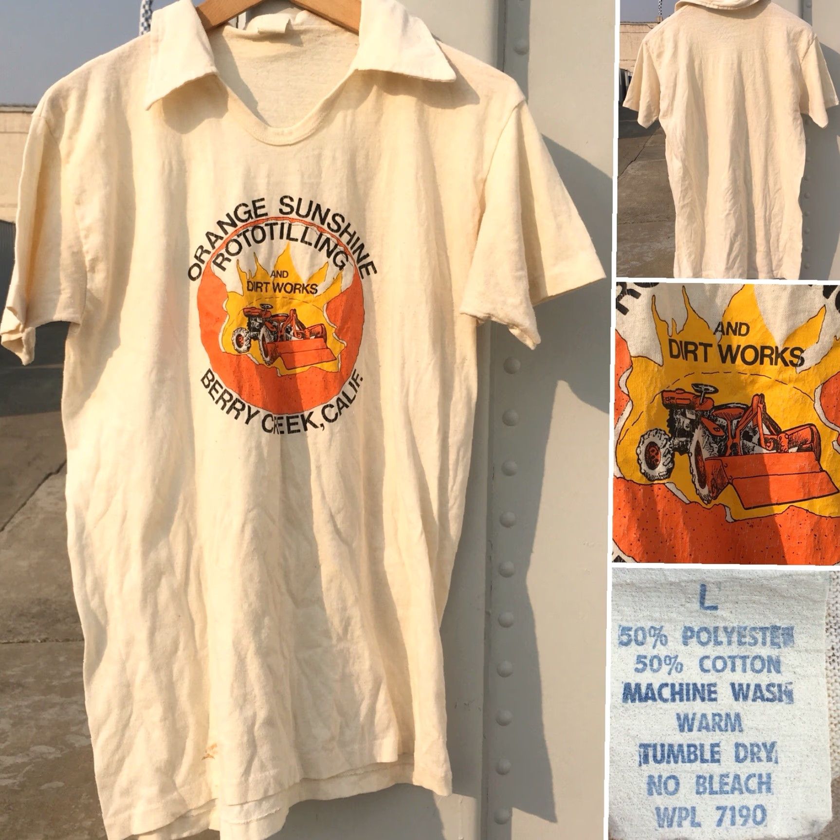 Vintage VINTAGE Orange Sunshine Rototilling And Dirt Works Berry Creek Calif Shirt L Ivory Polo Rugby Short Sleeve Mens/Womens? Size US L / EU 52-54 / 3 - 3 Thumbnail