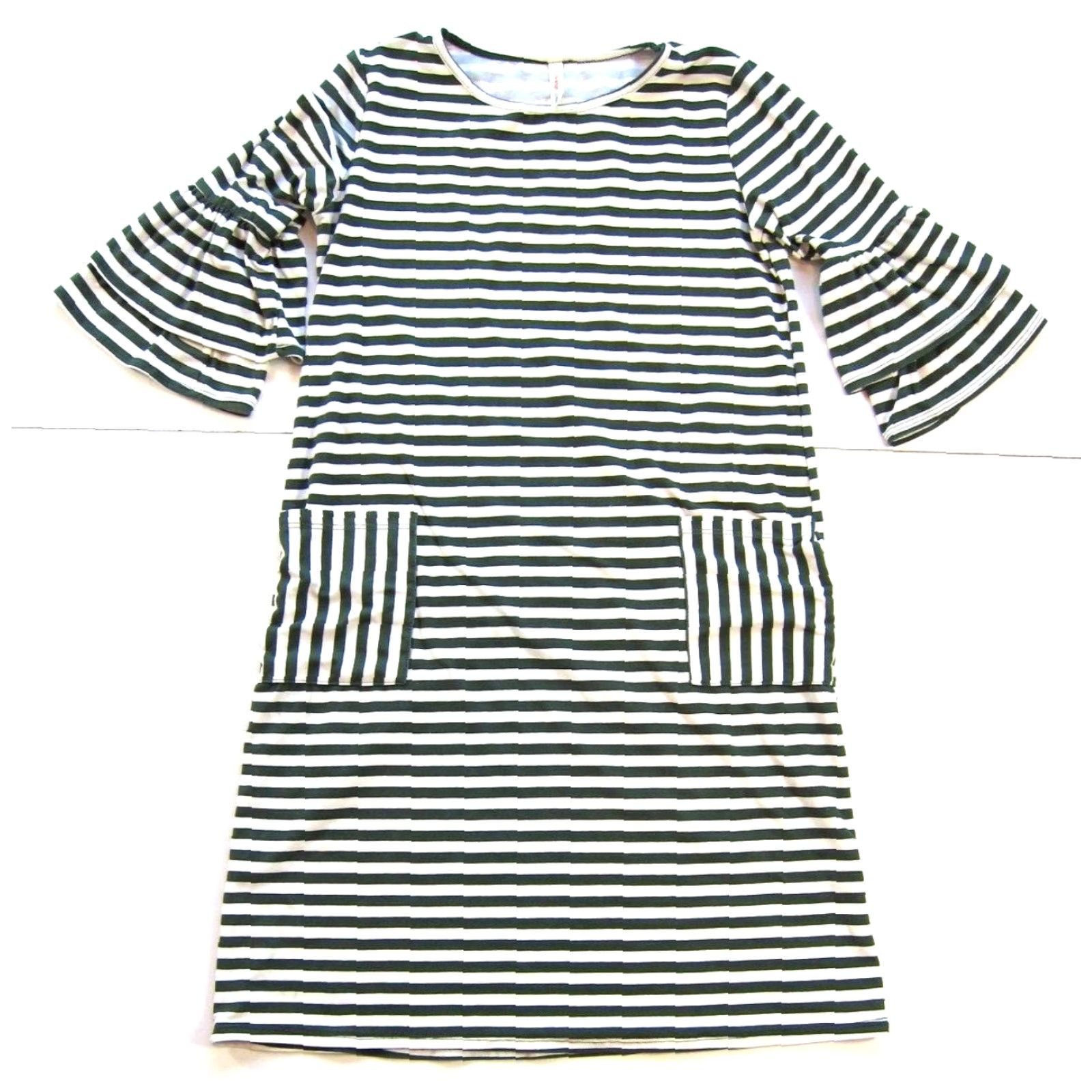 Vintage Orange Creek Dress Green Ivory Stripe Stretch Pocket Ruffle Sleeve Shift Small Size S / US 4 / IT 40 - 2 Thumbnail