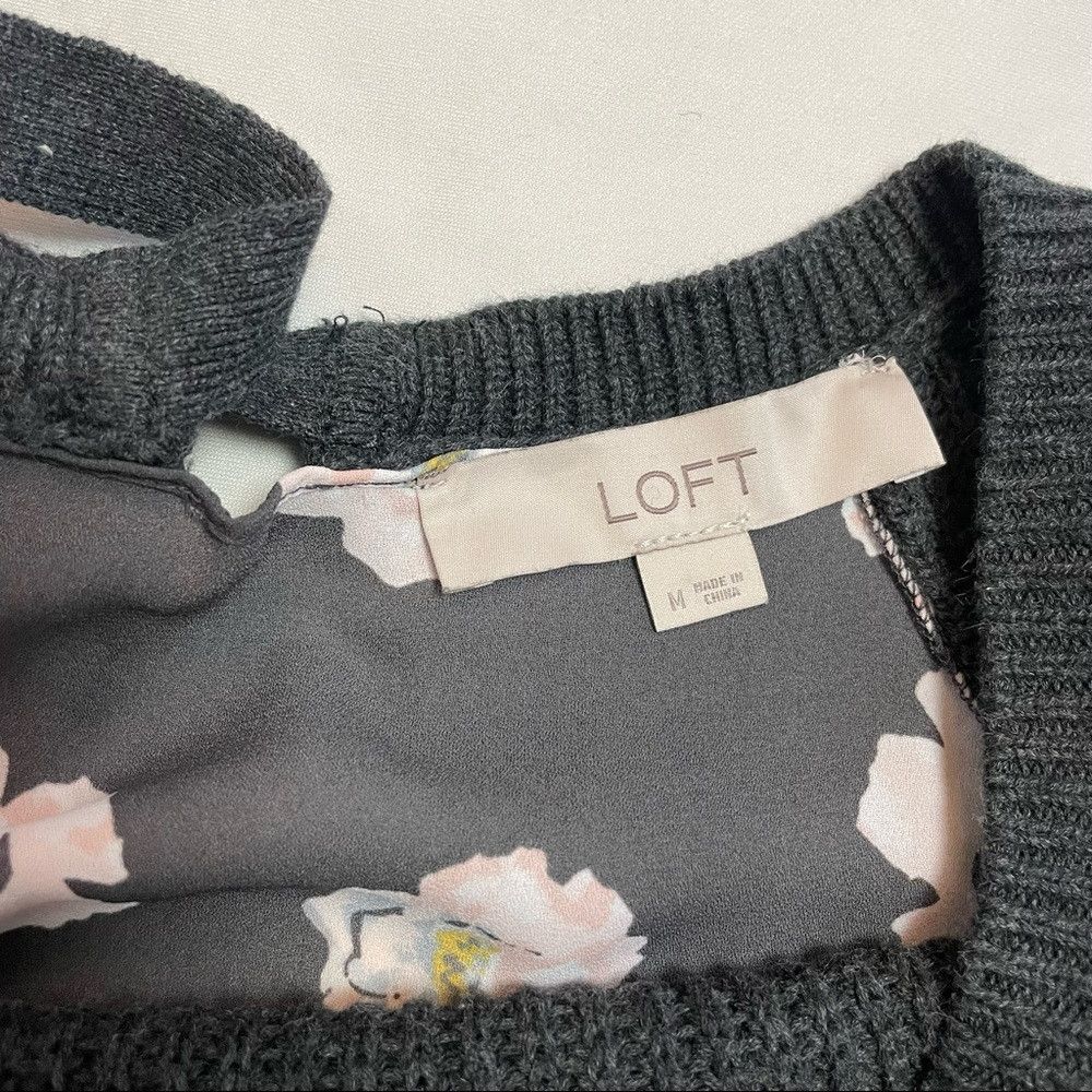 Loft New LOFT Floral Chiffon Tie Back Ribbed Cotton Gray Sweater Size M / US 6-8 / IT 42-44 - 7 Thumbnail