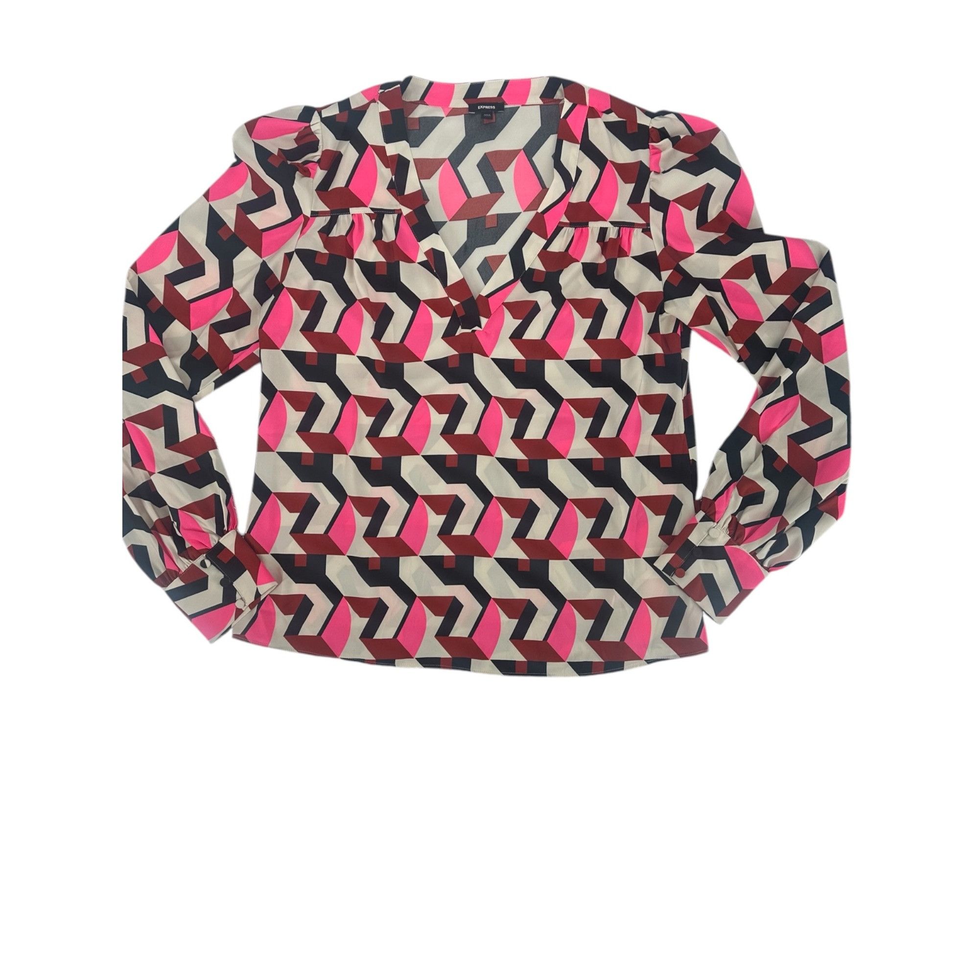 Express Express Women's Geometric Print Blouse XS Pink Black Abstrac Size XS / US 0-2 / IT 36-38 - 3 Thumbnail